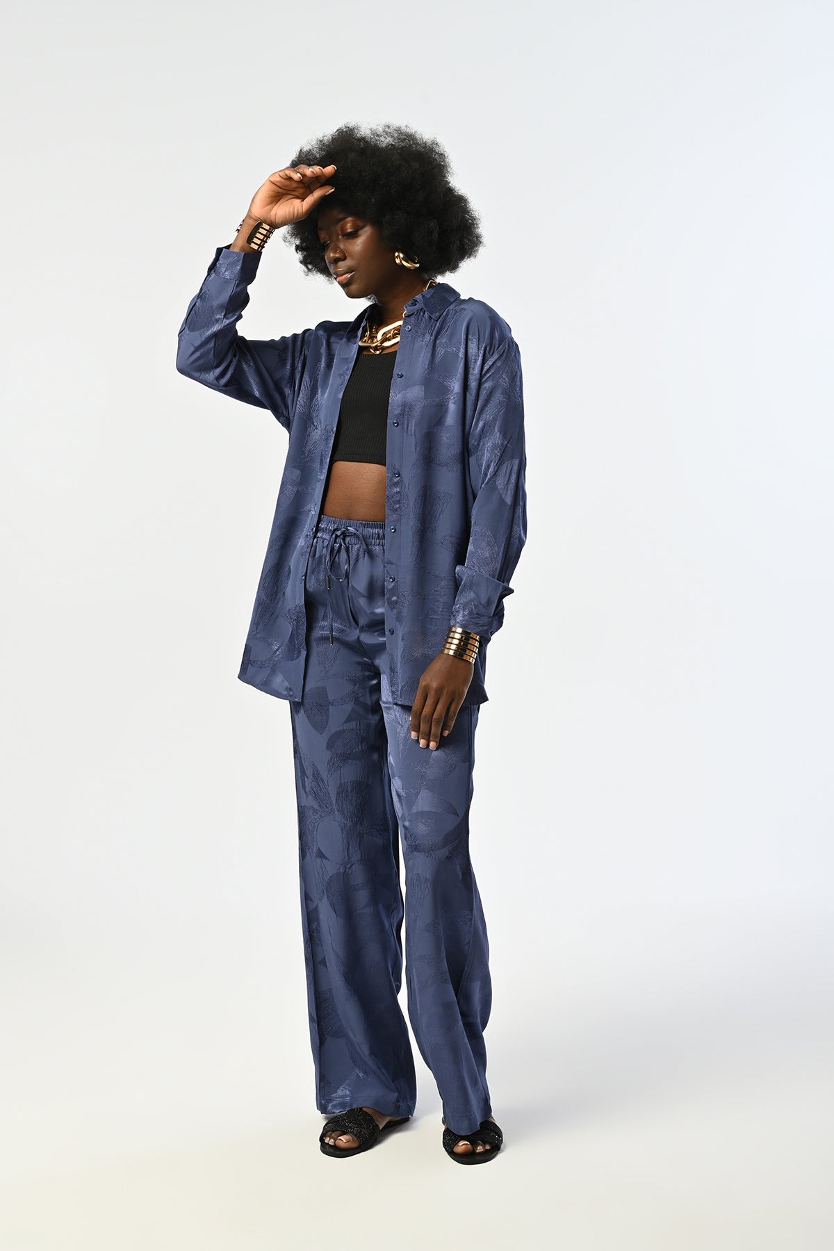 Toptan Indigo Çiçek Desenli Oversize Gömlek