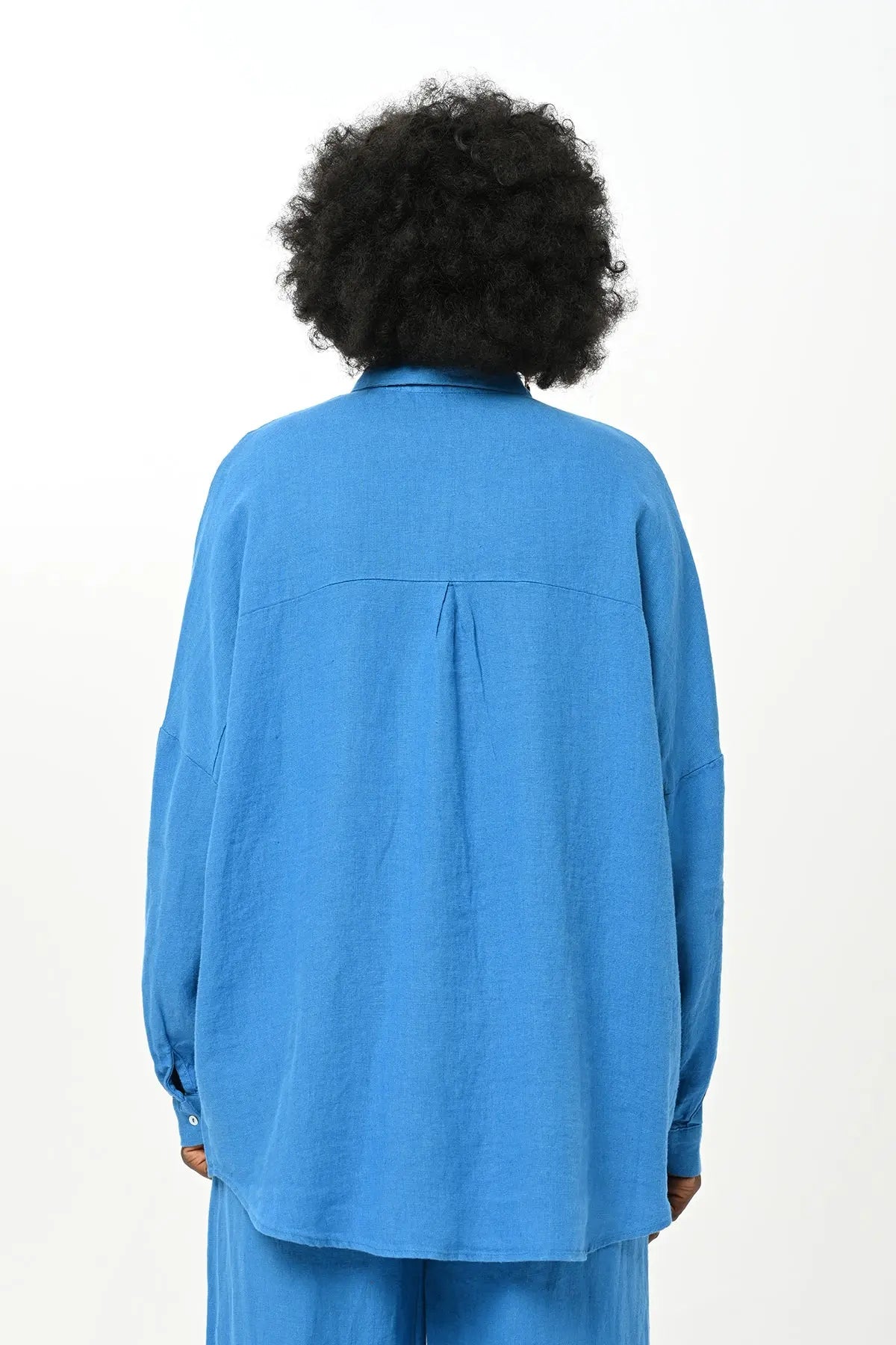 %100 Keten Mavi Oversize Gömlek Orfeonegro