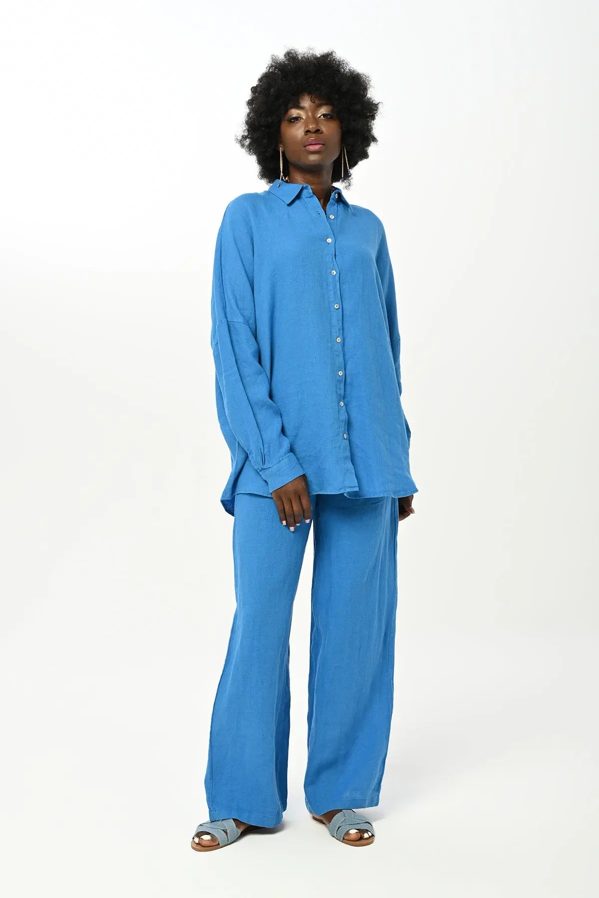 %100 Keten Mavi Oversize Gömlek Orfeonegro