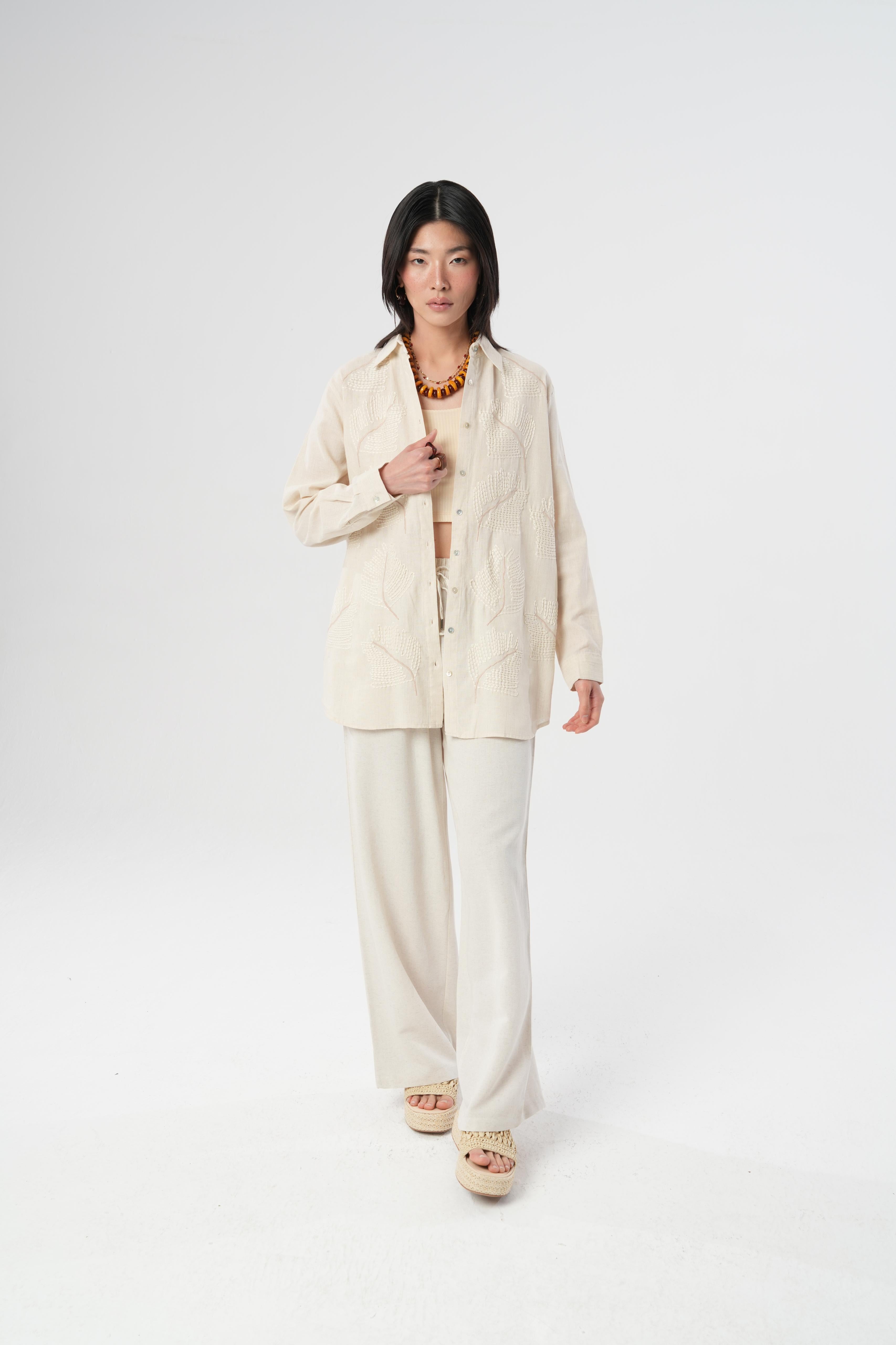 Orfeonegro Nakış Desenli Keten Oversize Gömlek