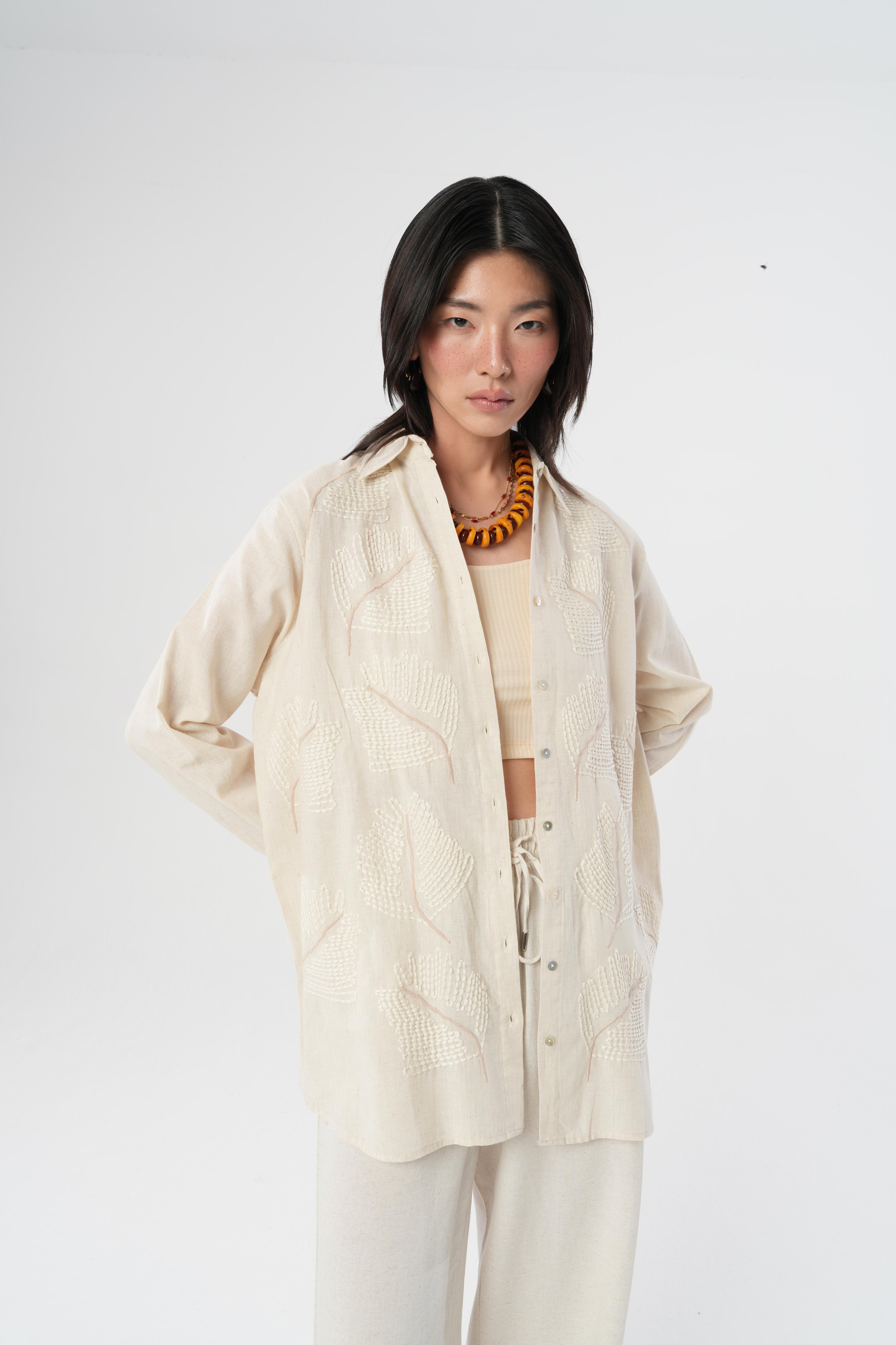 Orfeonegro Nakış Desenli Keten Oversize Gömlek