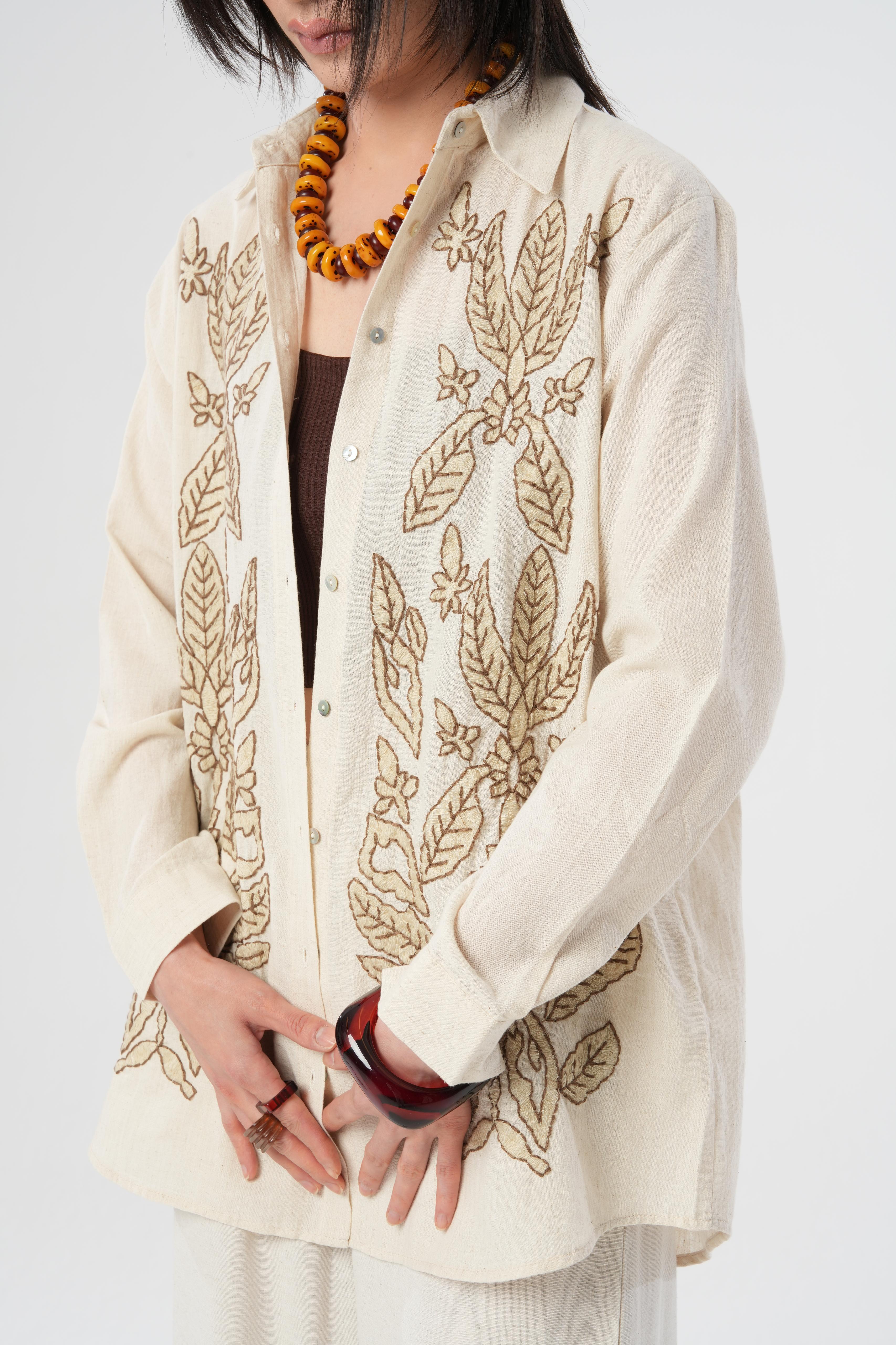 Orfeonegro Oversize Nakışlı Keten Gömlek