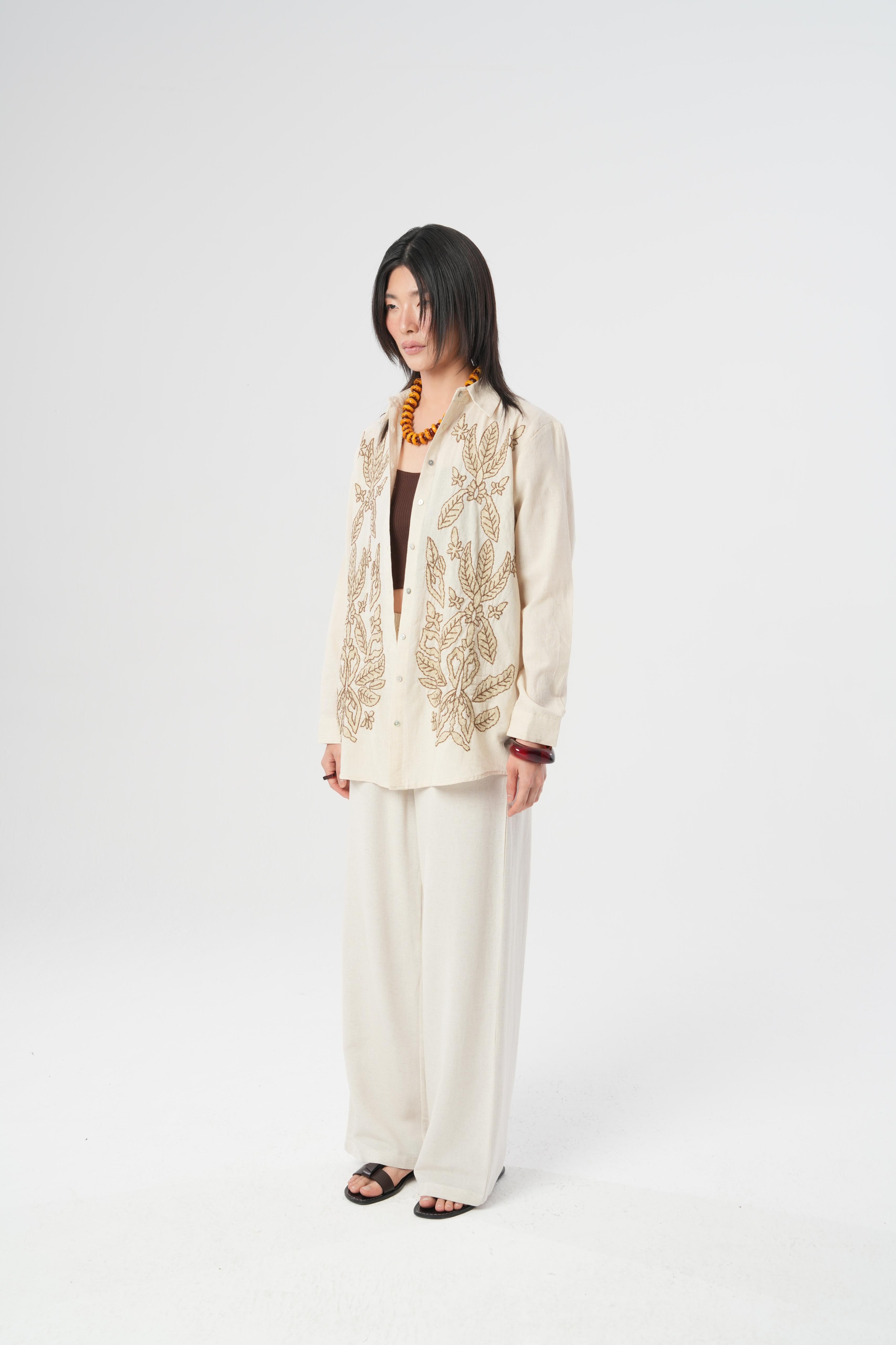 Orfeonegro Oversize Nakışlı Keten Gömlek