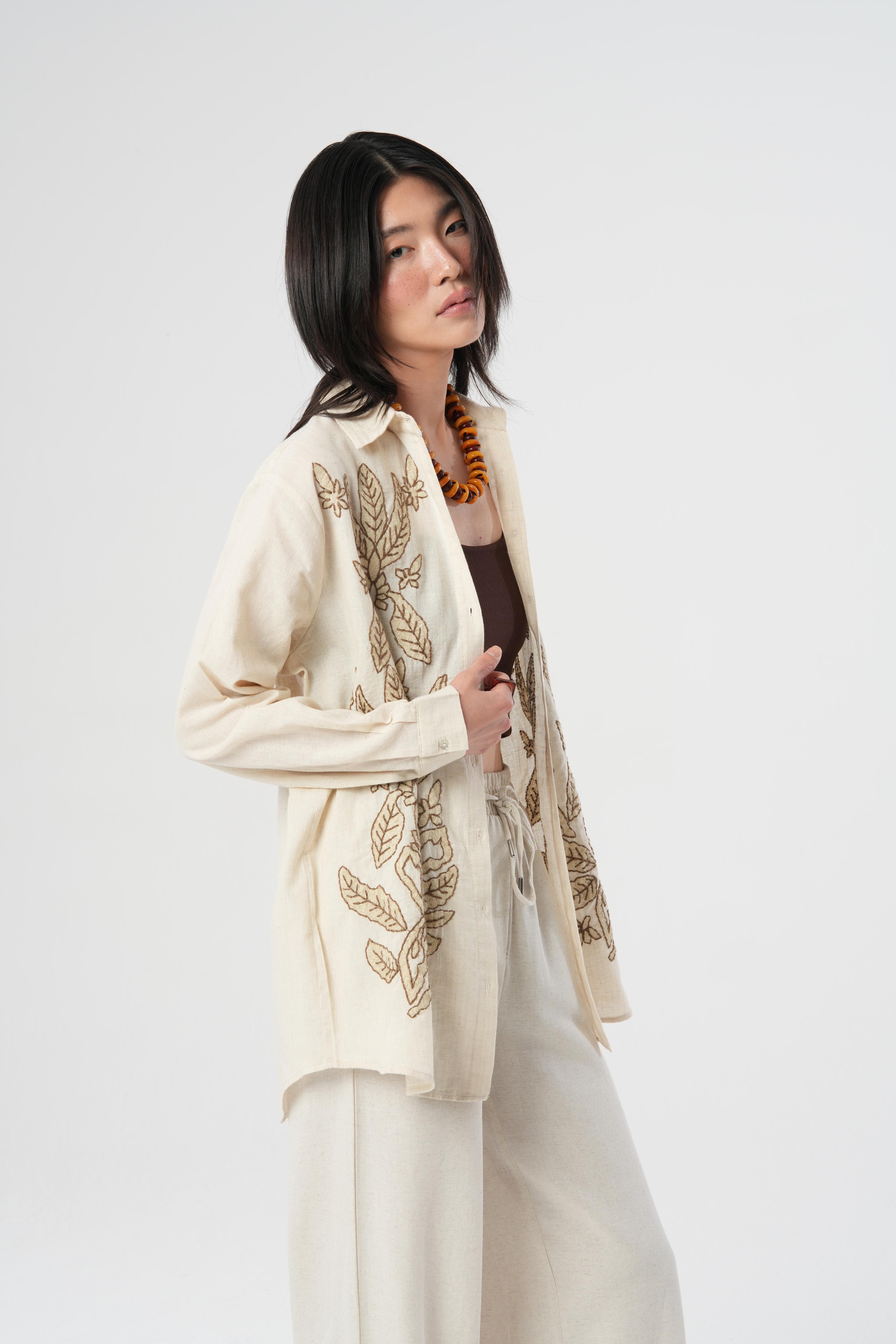 Orfeonegro Oversize Nakışlı Keten Gömlek