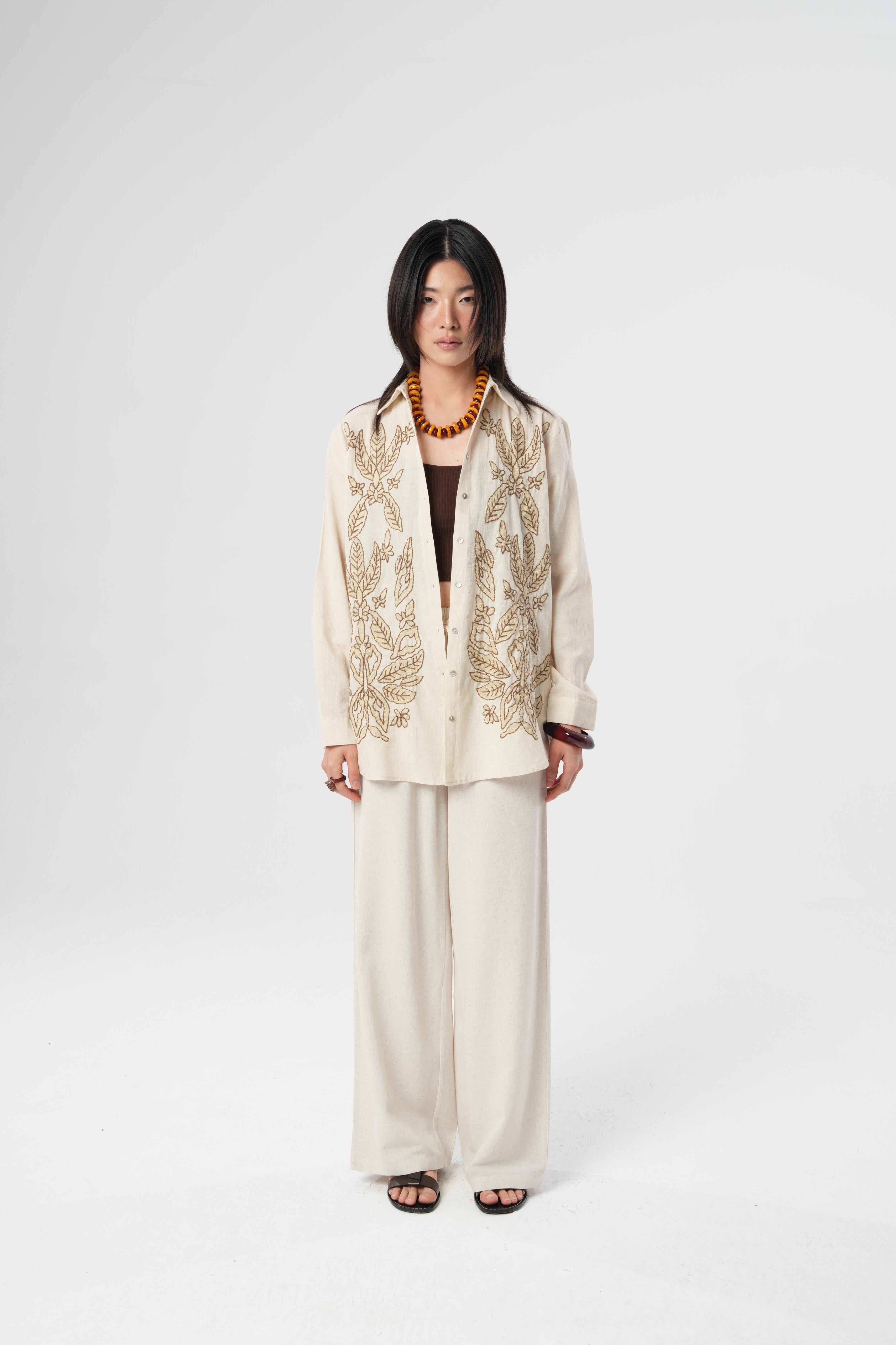 Orfeonegro Oversize Nakışlı Keten Gömlek