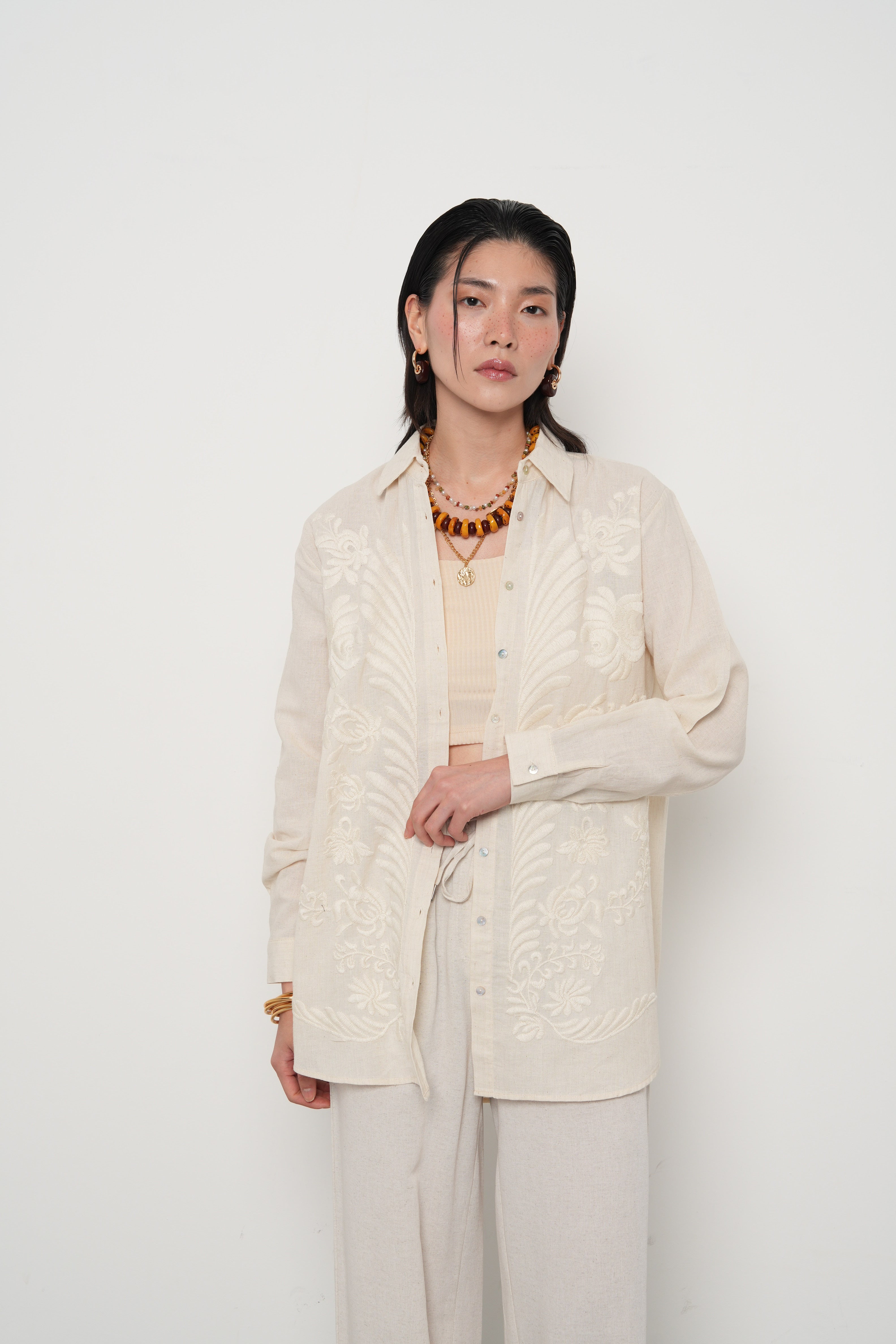 Orfeonegro Çiçek Desenli Oversize Keten Gömlek