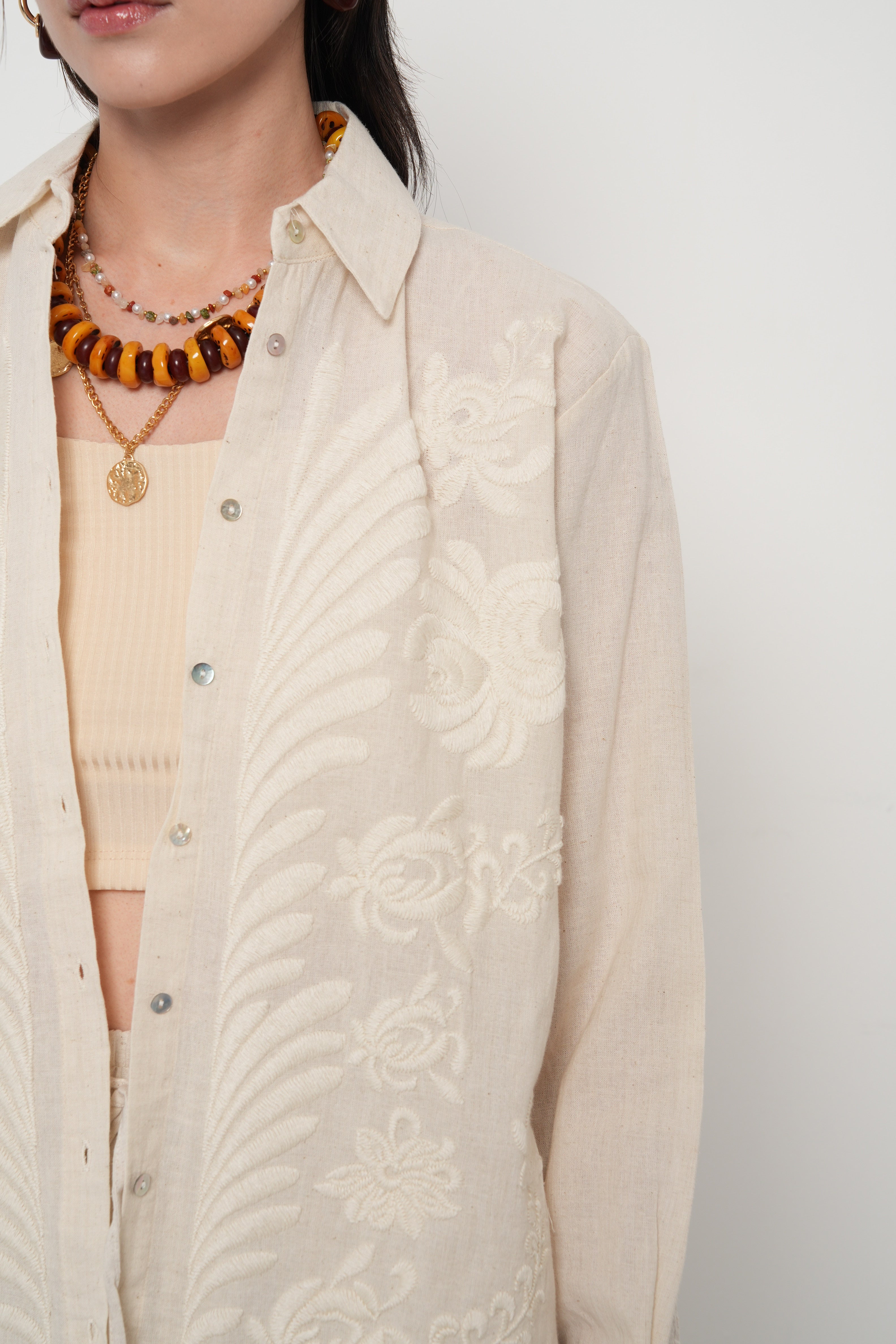 Orfeonegro Çiçek Desenli Oversize Keten Gömlek