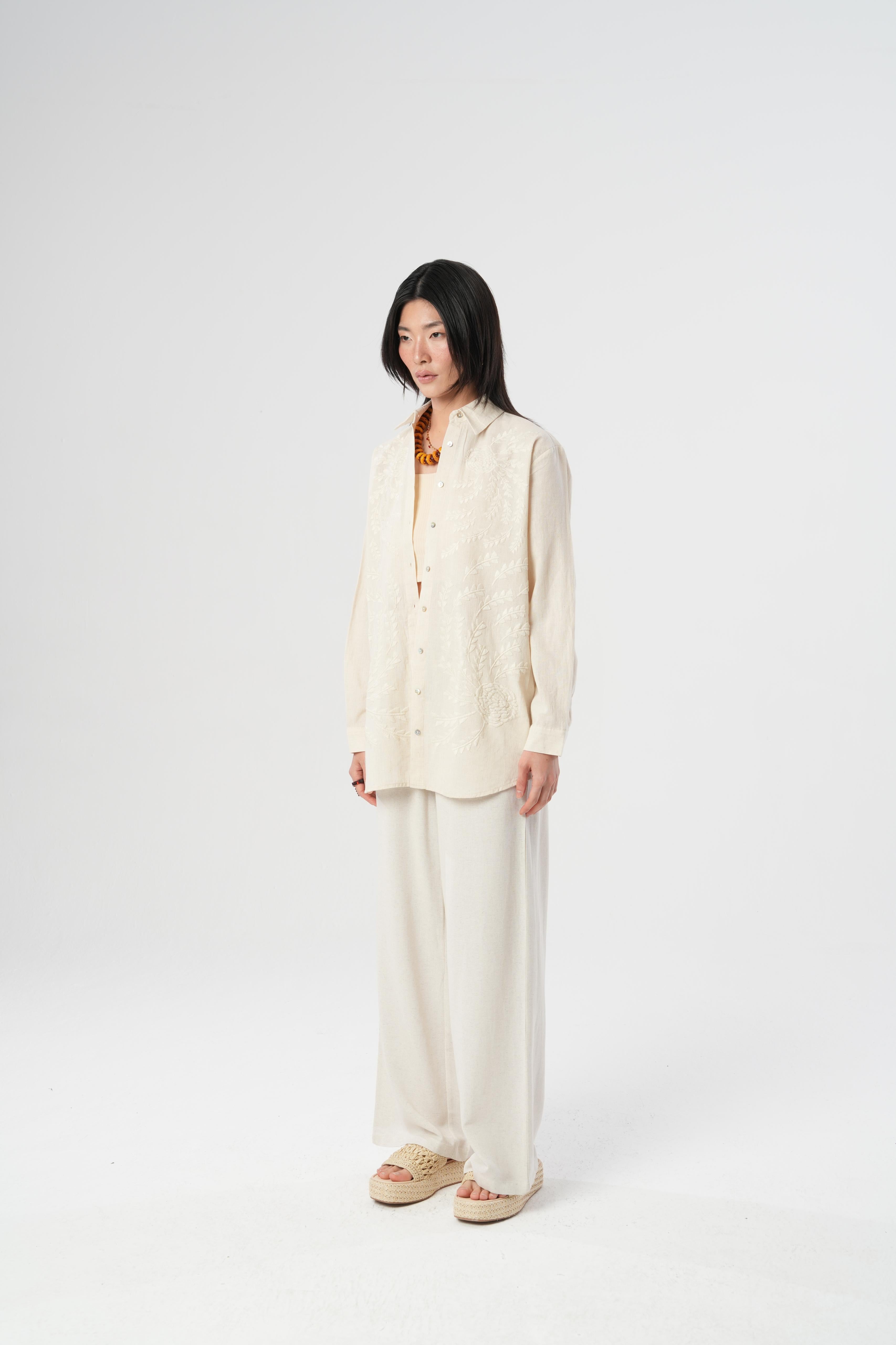 Orfeonegro Nakış Detaylı Oversize Keten Gömlek