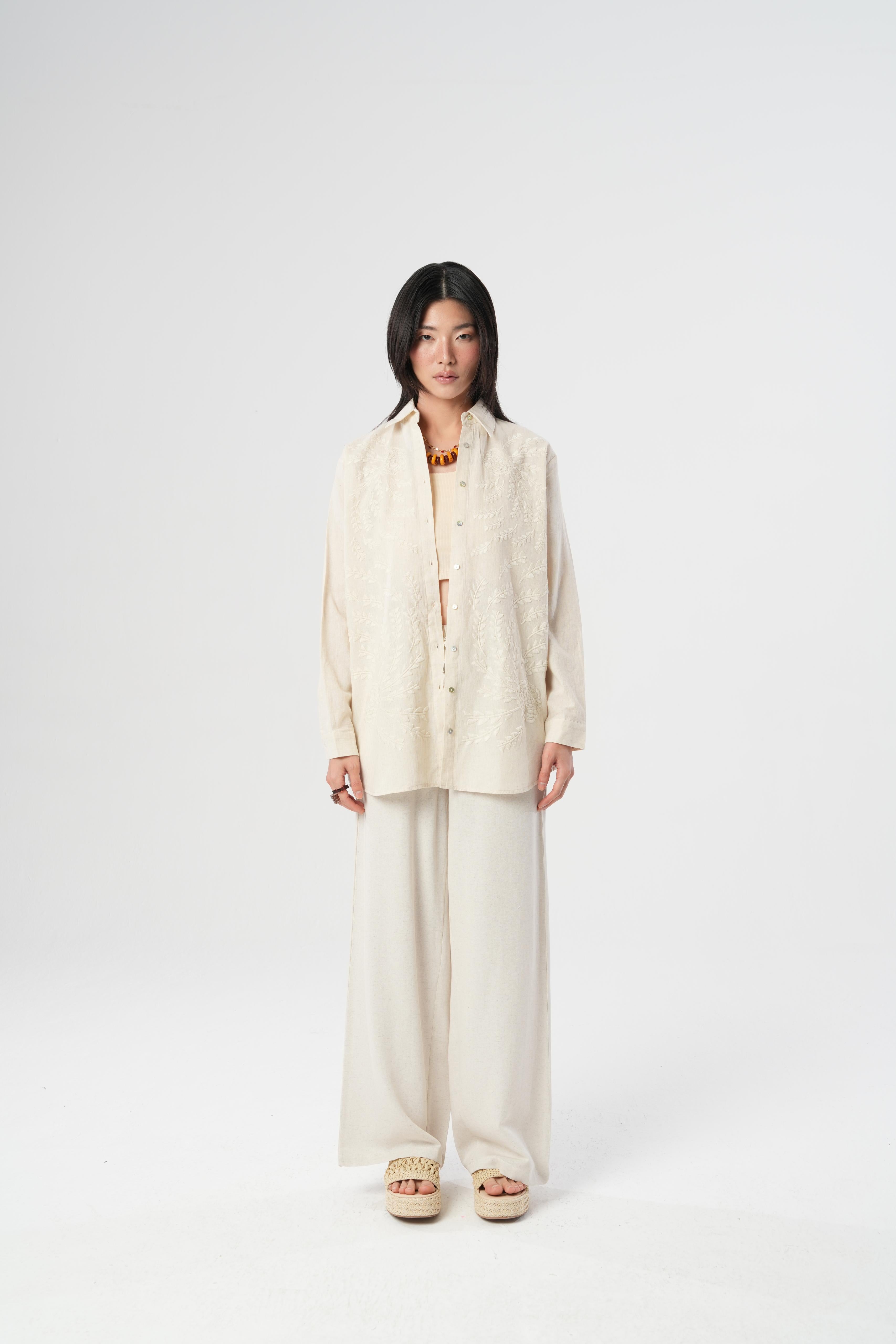 Orfeonegro Nakış Detaylı Oversize Keten Gömlek