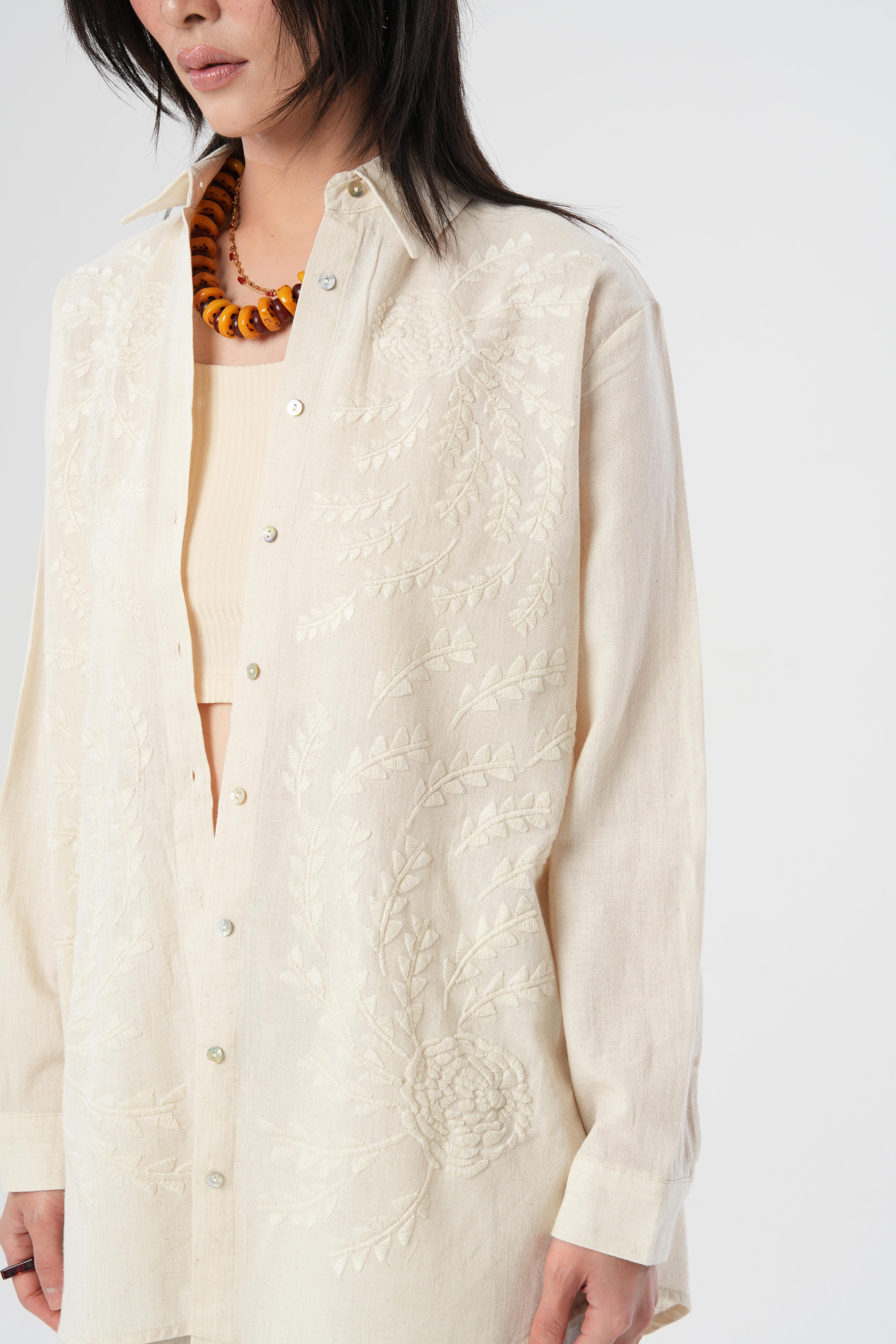 Orfeonegro Nakış Detaylı Oversize Keten Gömlek