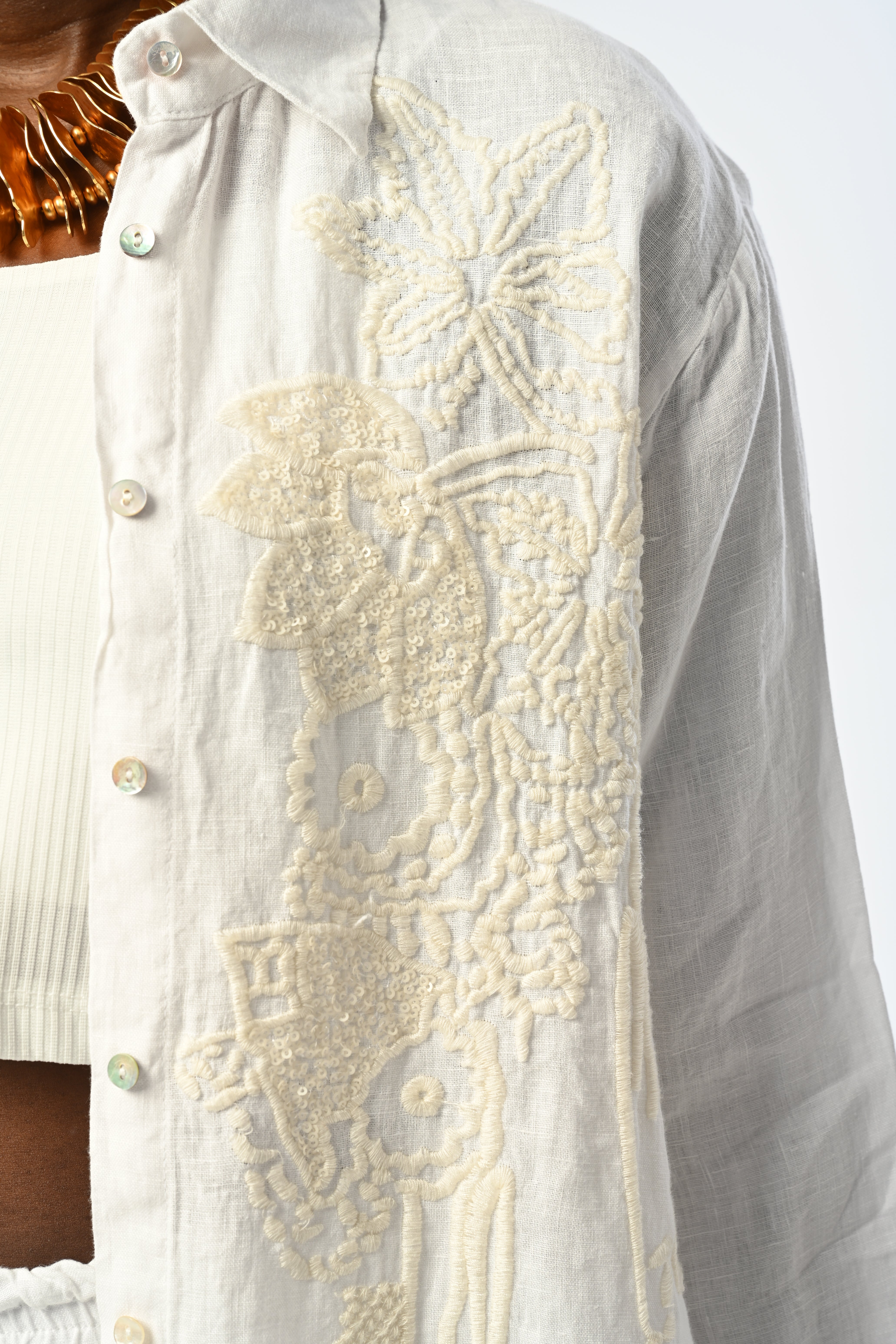 Toptan Nakışlı Oversize %100 Keten Kadın Gömlek – Yazlık Rahat Model - 34306