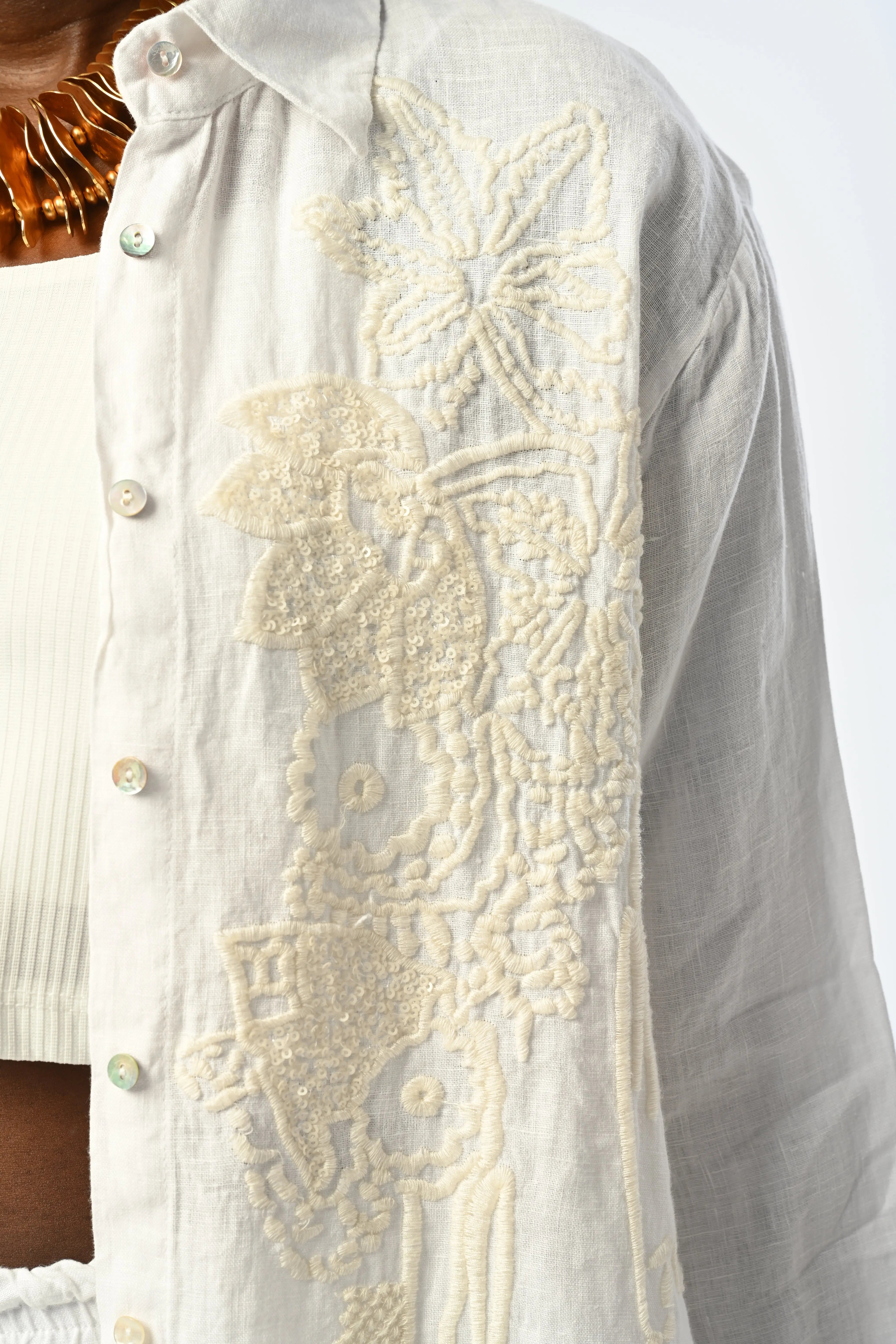 Toptan Nakışlı Oversize %100 Keten Kadın Gömlek – Yazlık Rahat Model - 34306 Orfeonegro