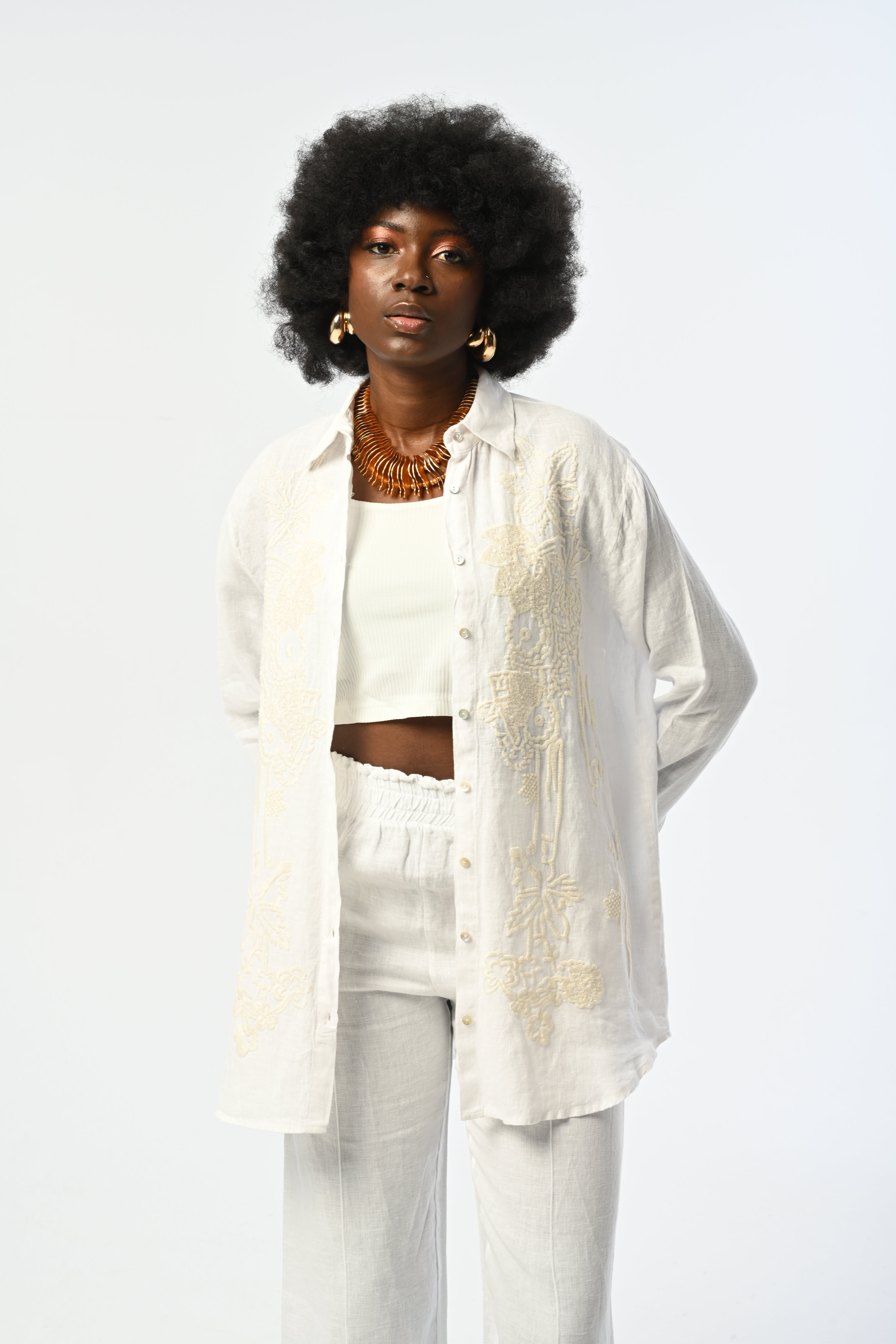 Toptan Nakışlı Oversize %100 Keten Kadın Gömlek – Yazlık Rahat Model - 34306