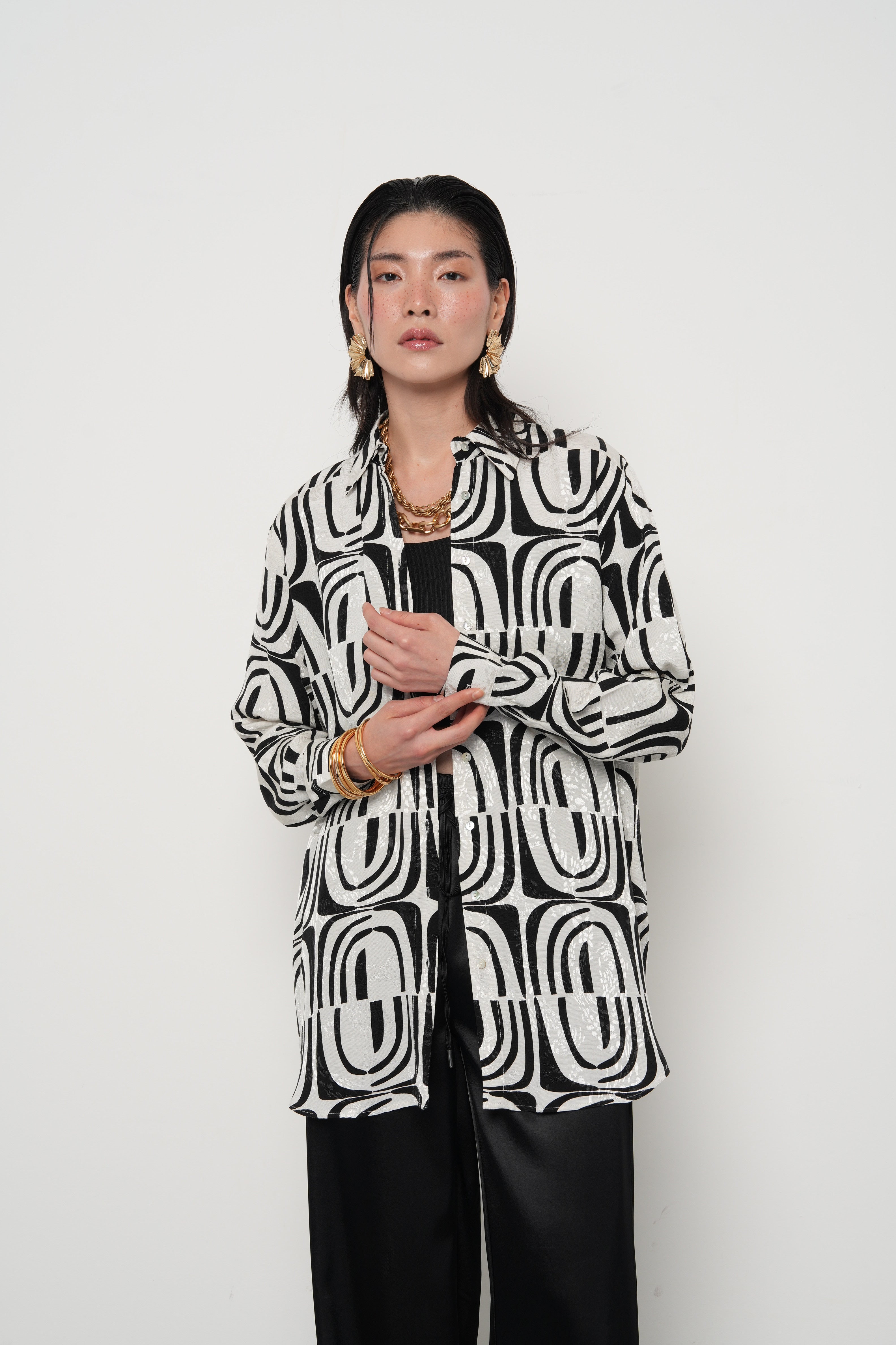 Çiçek Desenli Oversize Kadın Gömlek - 34382