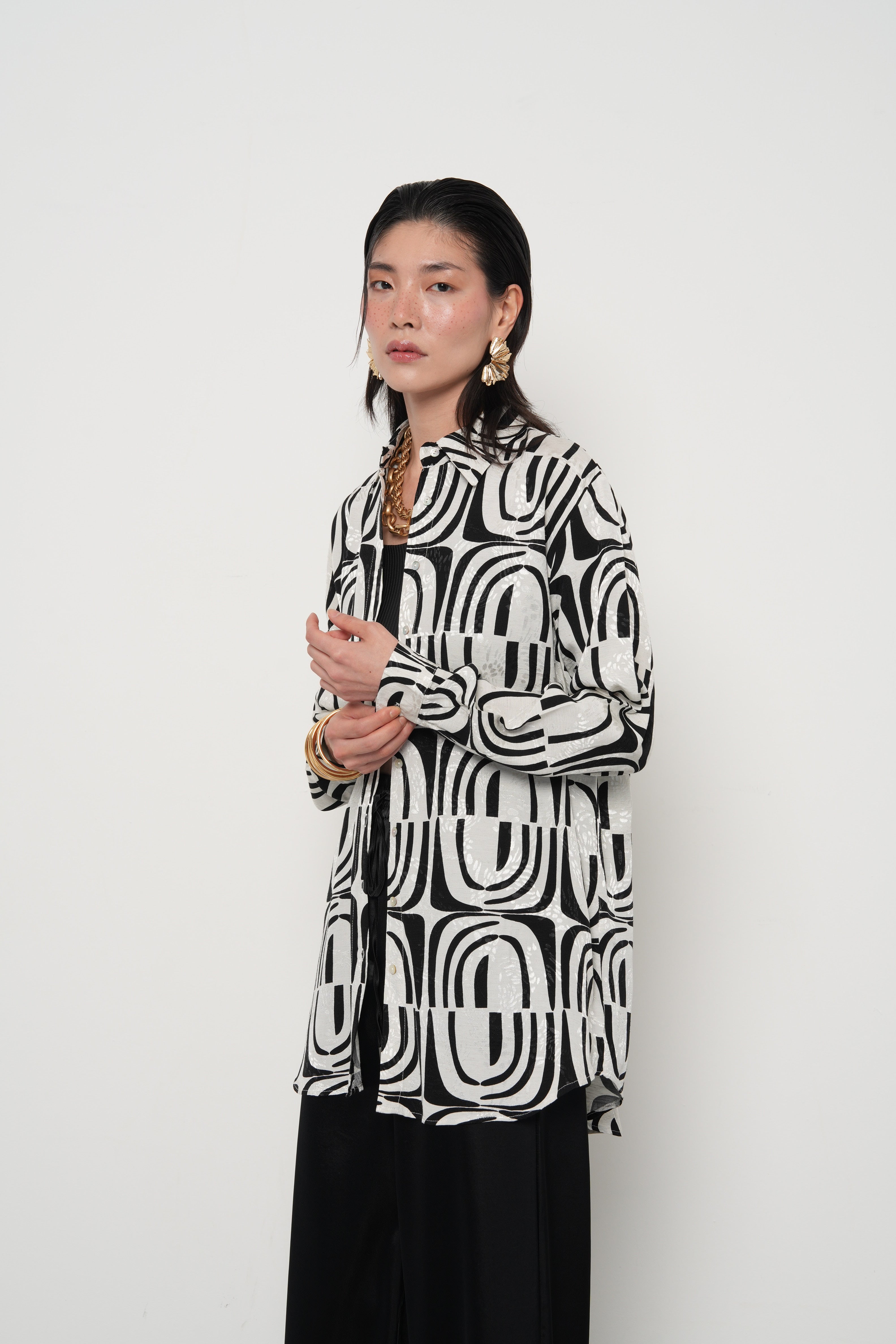 Çiçek Desenli Oversize Kadın Gömlek - 34382