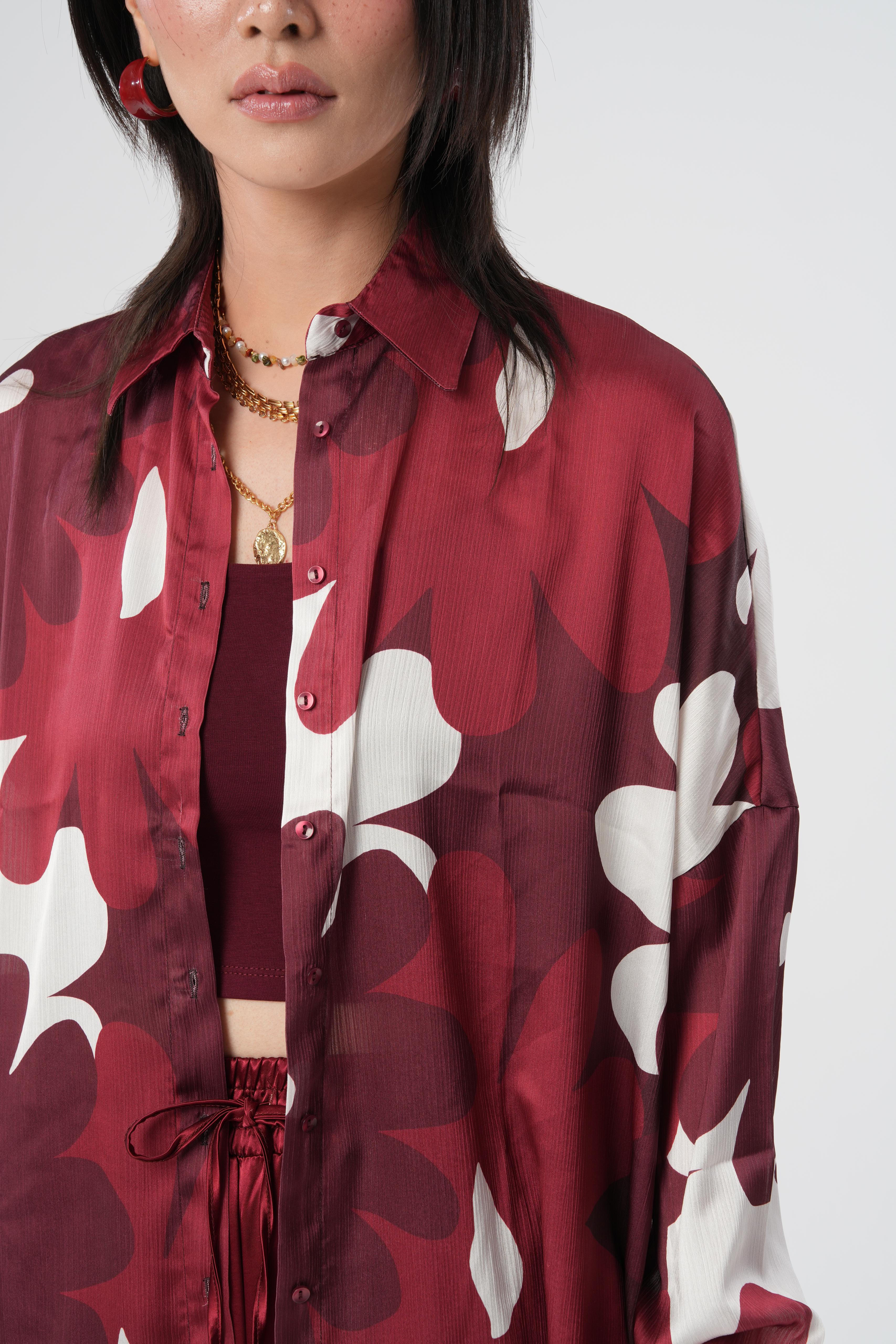Dijital Baskılı Çiçek Desenli Oversize Gömlek | 34525 Bordo