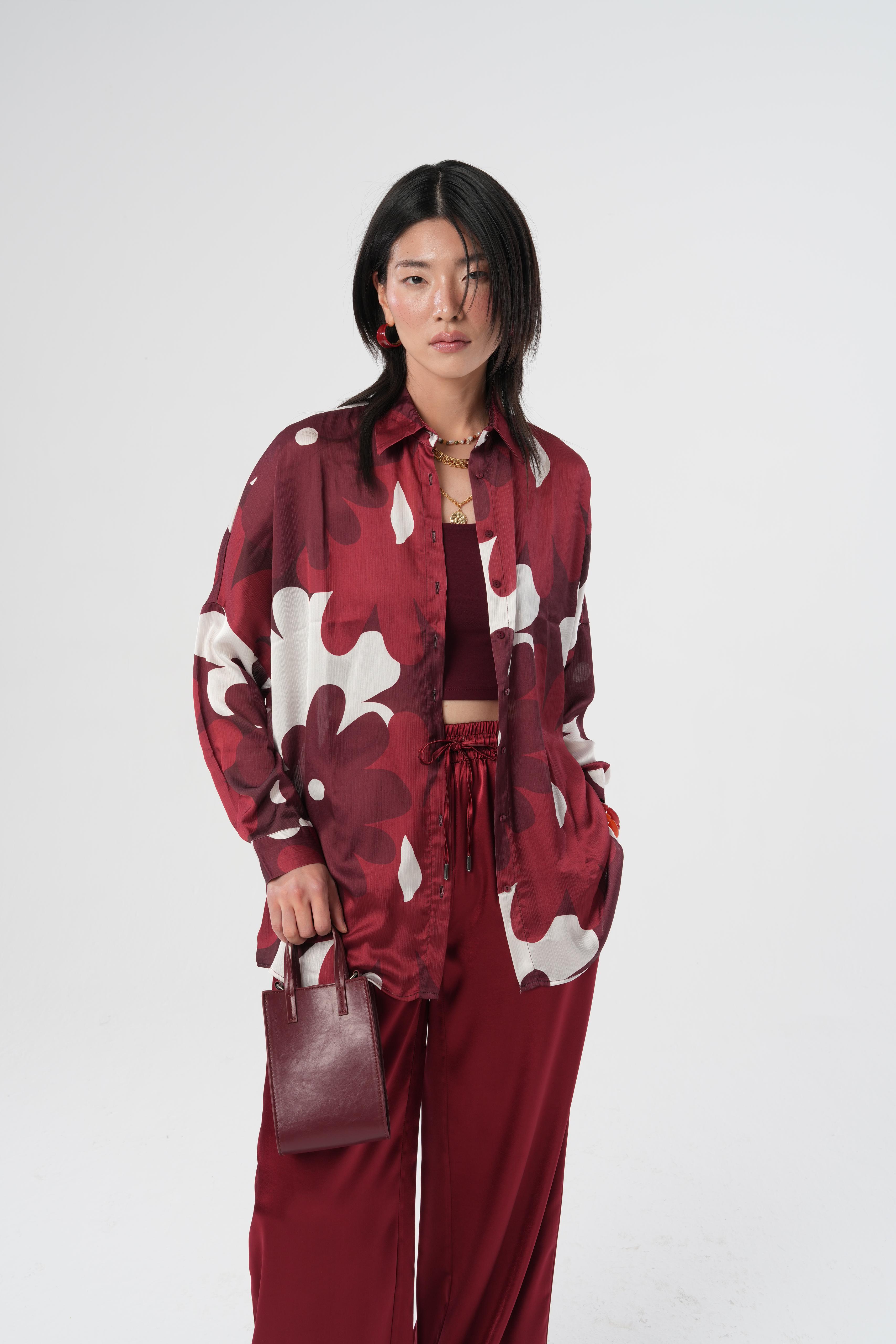 Dijital Baskılı Çiçek Desenli Oversize Gömlek | 34525 Bordo