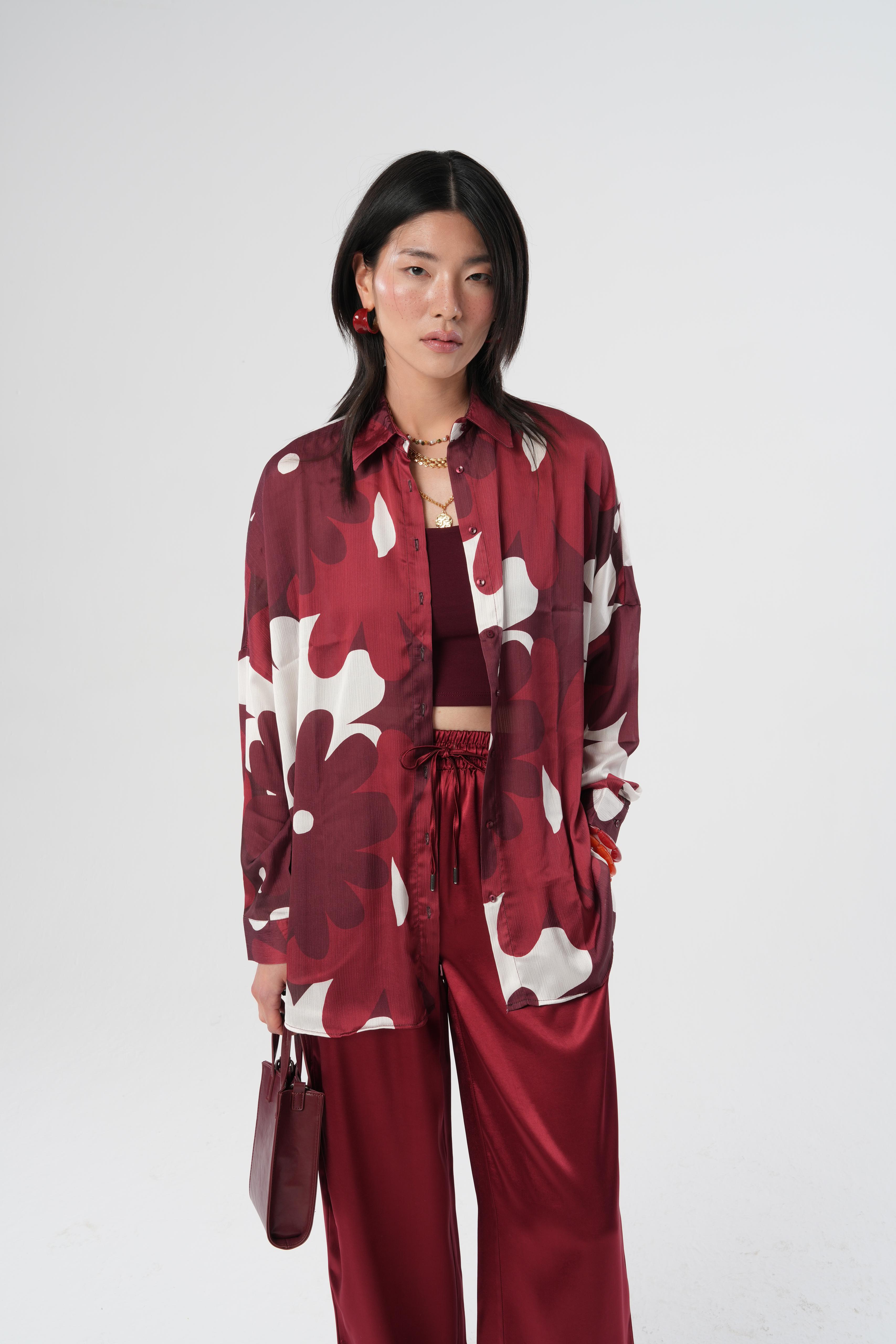 Dijital Baskılı Çiçek Desenli Oversize Gömlek | 34525 Bordo