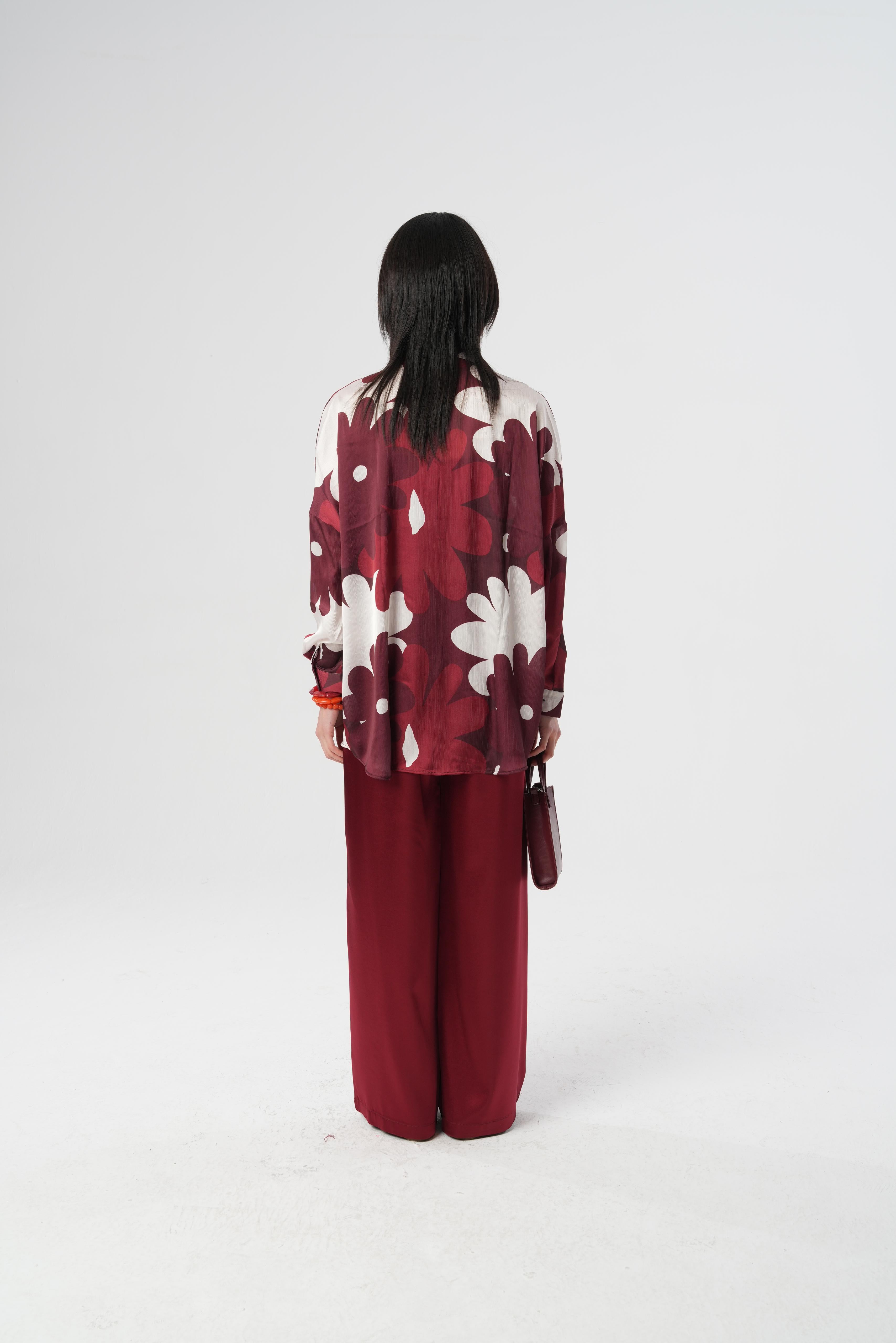 Dijital Baskılı Çiçek Desenli Oversize Gömlek | 34525 Bordo