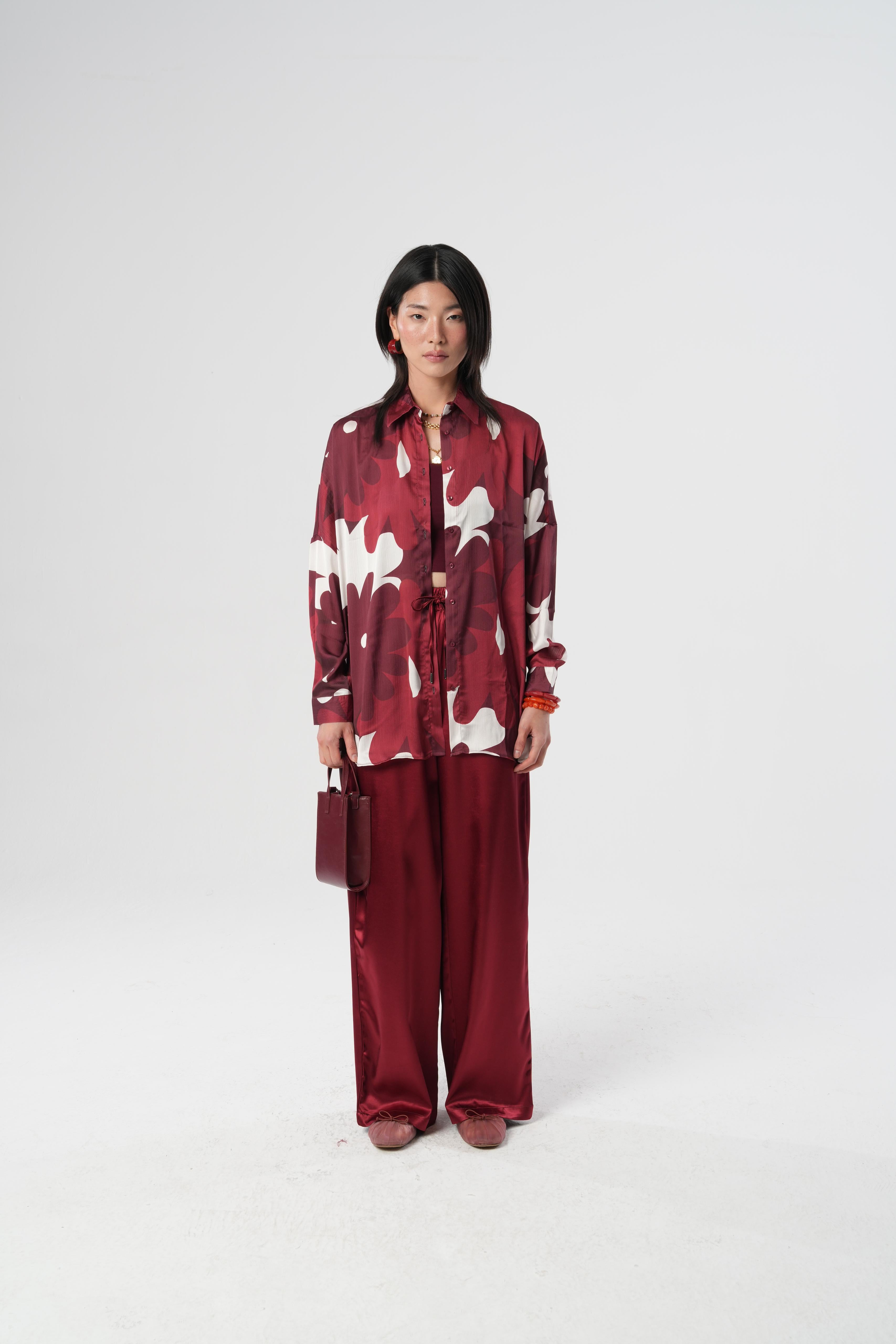 Dijital Baskılı Çiçek Desenli Oversize Gömlek | 34525 Bordo