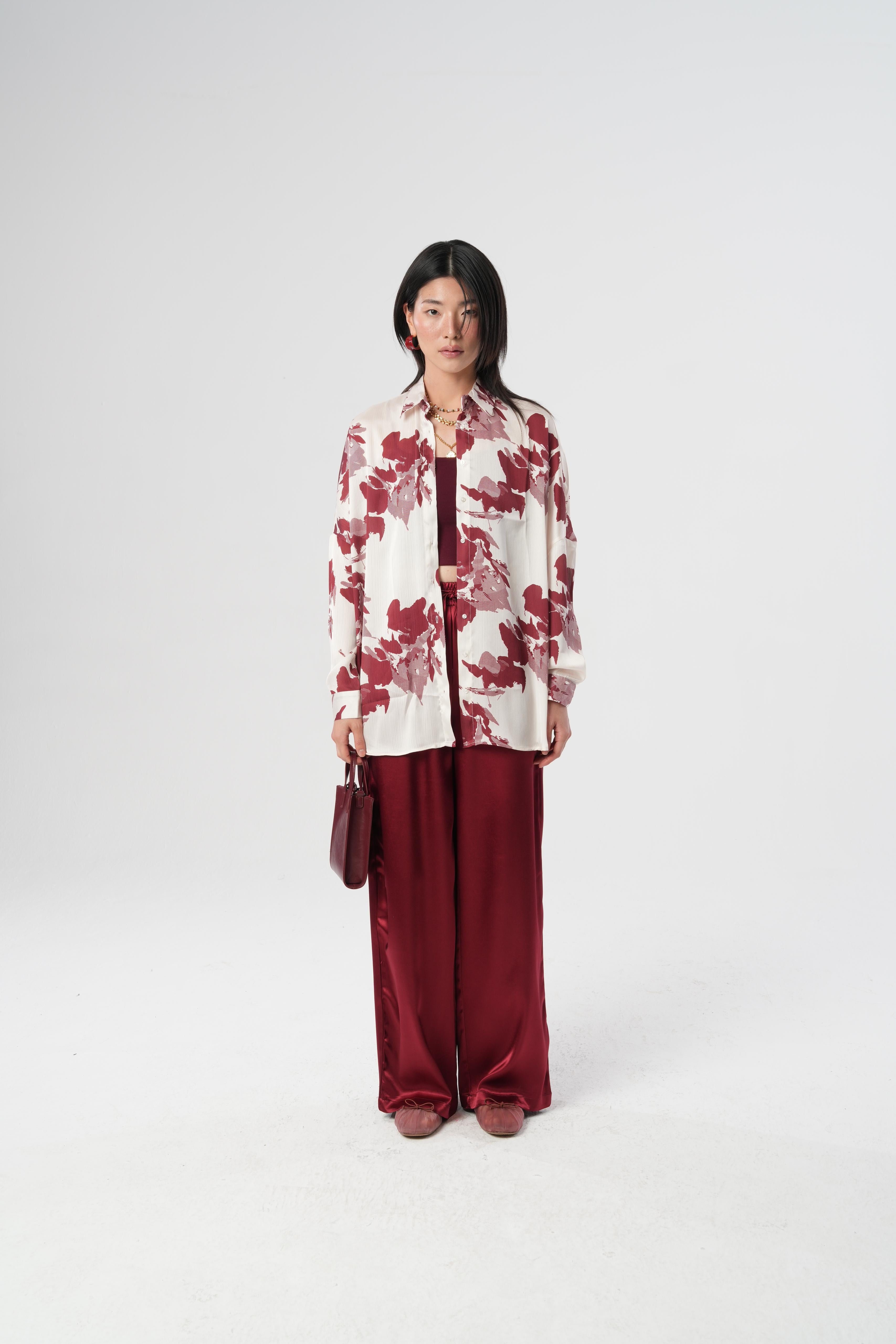 Dijital Baskılı Siyah Oversize Kadın Gömlek | 34526 Bordo