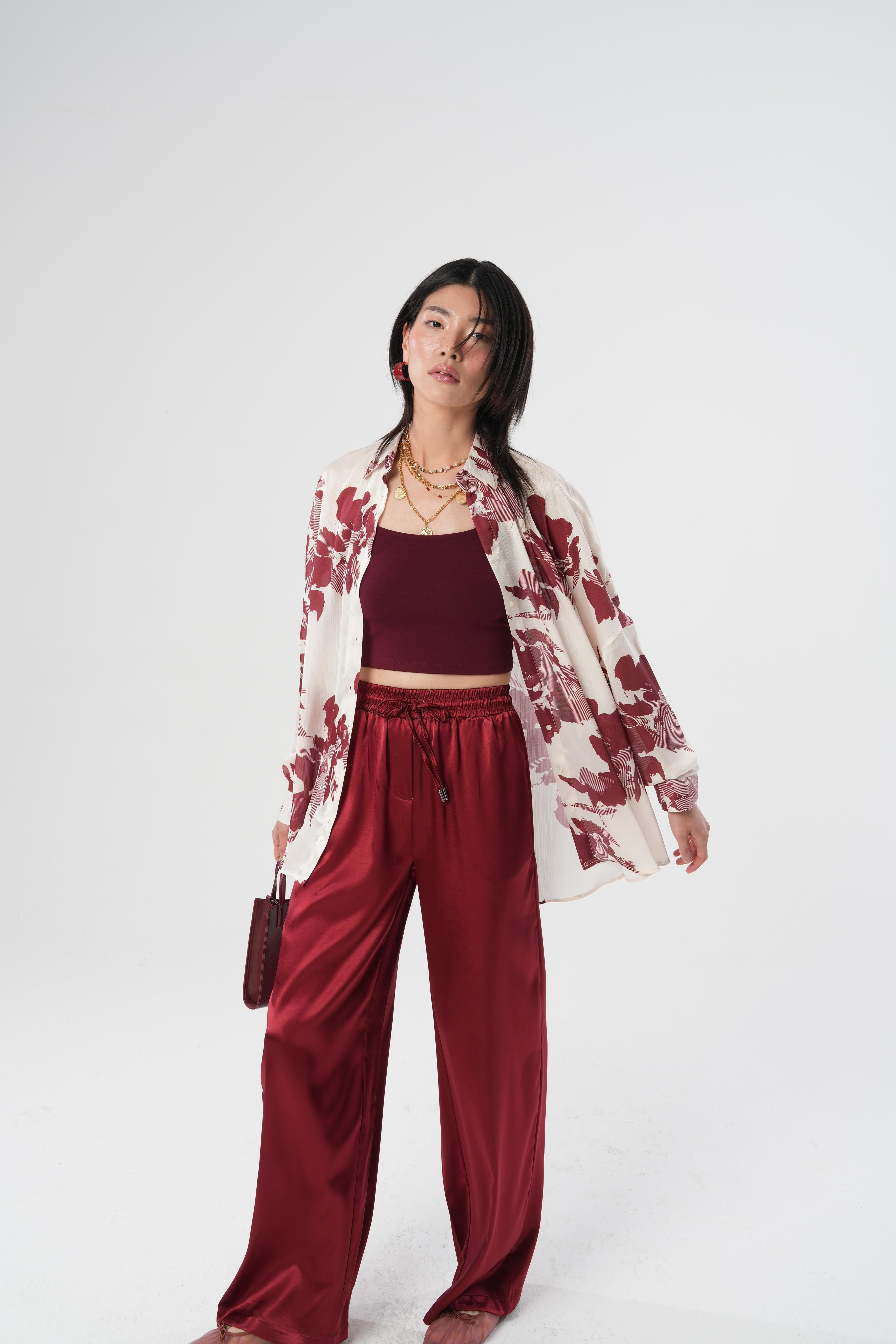 Dijital Baskılı Siyah Oversize Kadın Gömlek | 34526 Bordo