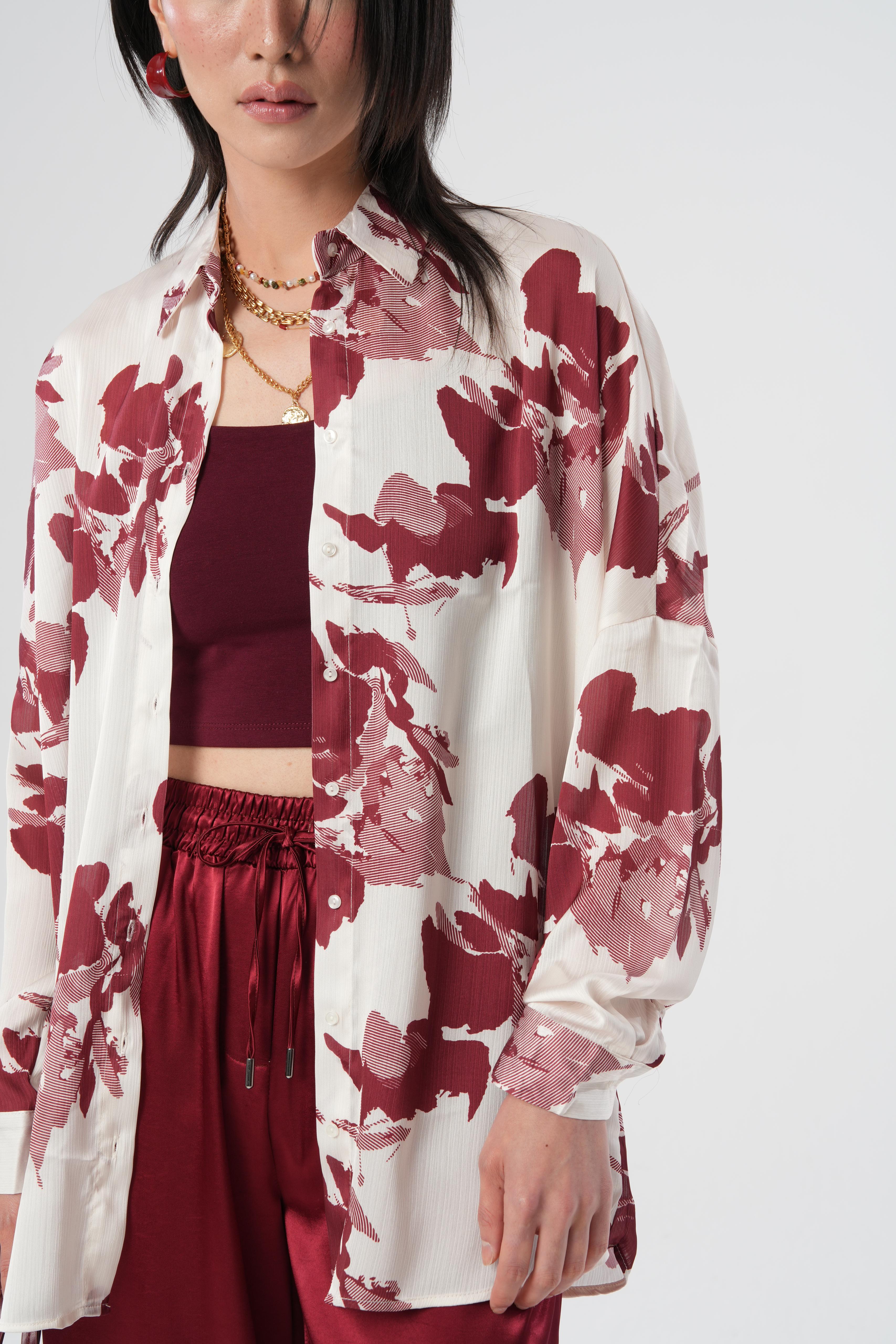 Dijital Baskılı Siyah Oversize Kadın Gömlek | 34526 Bordo