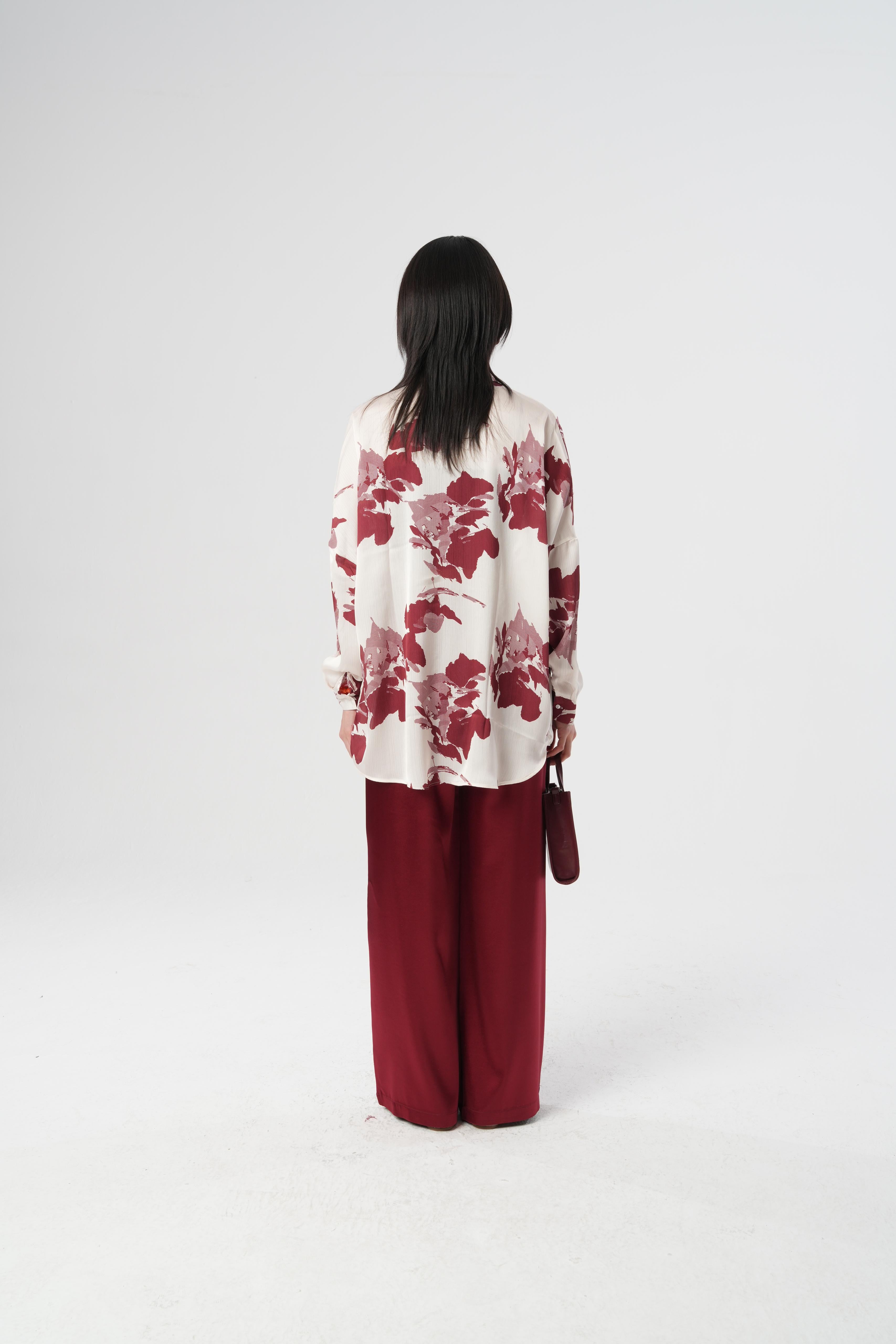 Dijital Baskılı Siyah Oversize Kadın Gömlek | 34526 Bordo