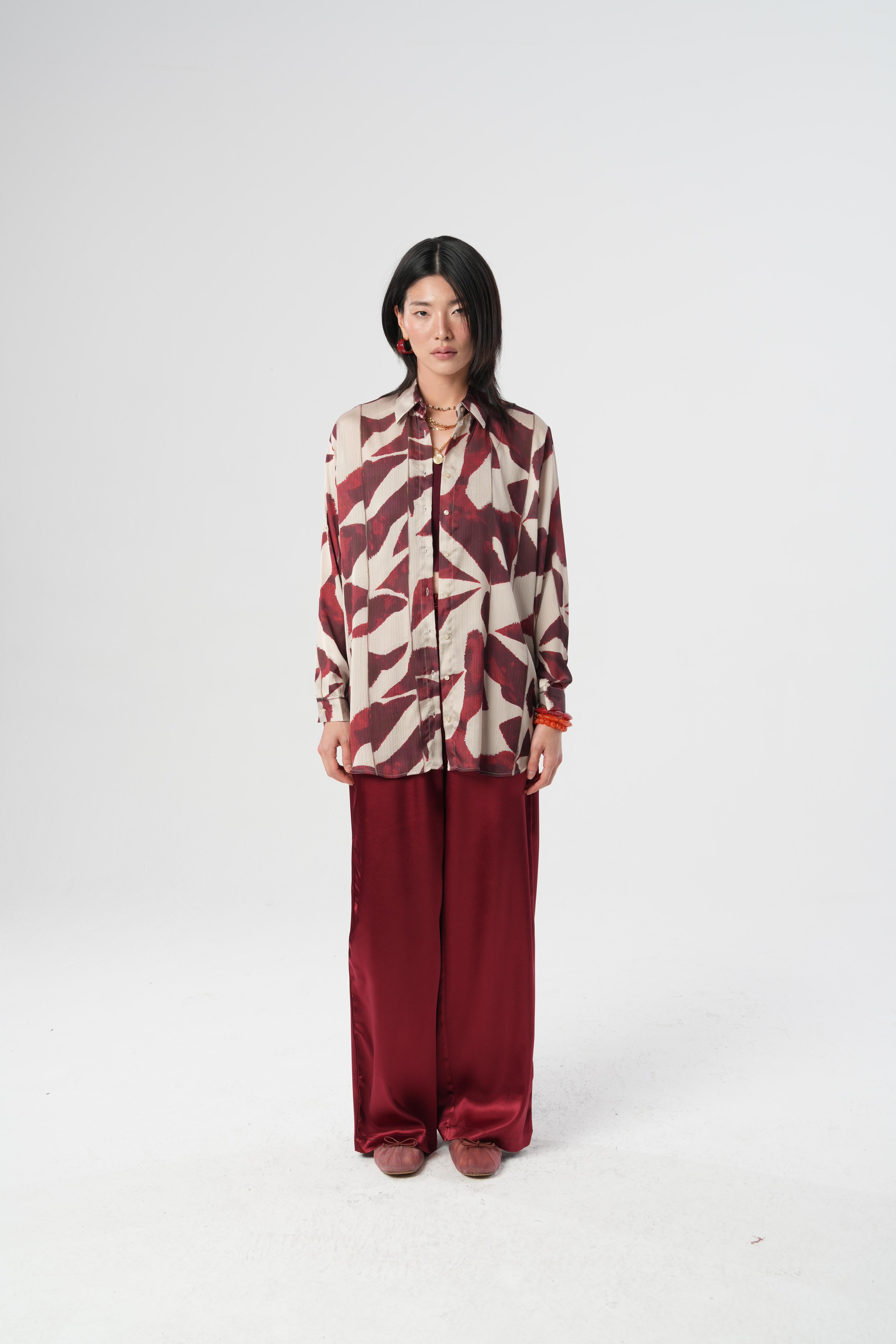 Dijital Baskılı Desenli Kadın Gömlek – Oversize | %100 Polyester | Yerli Üretim 34533 Bordo