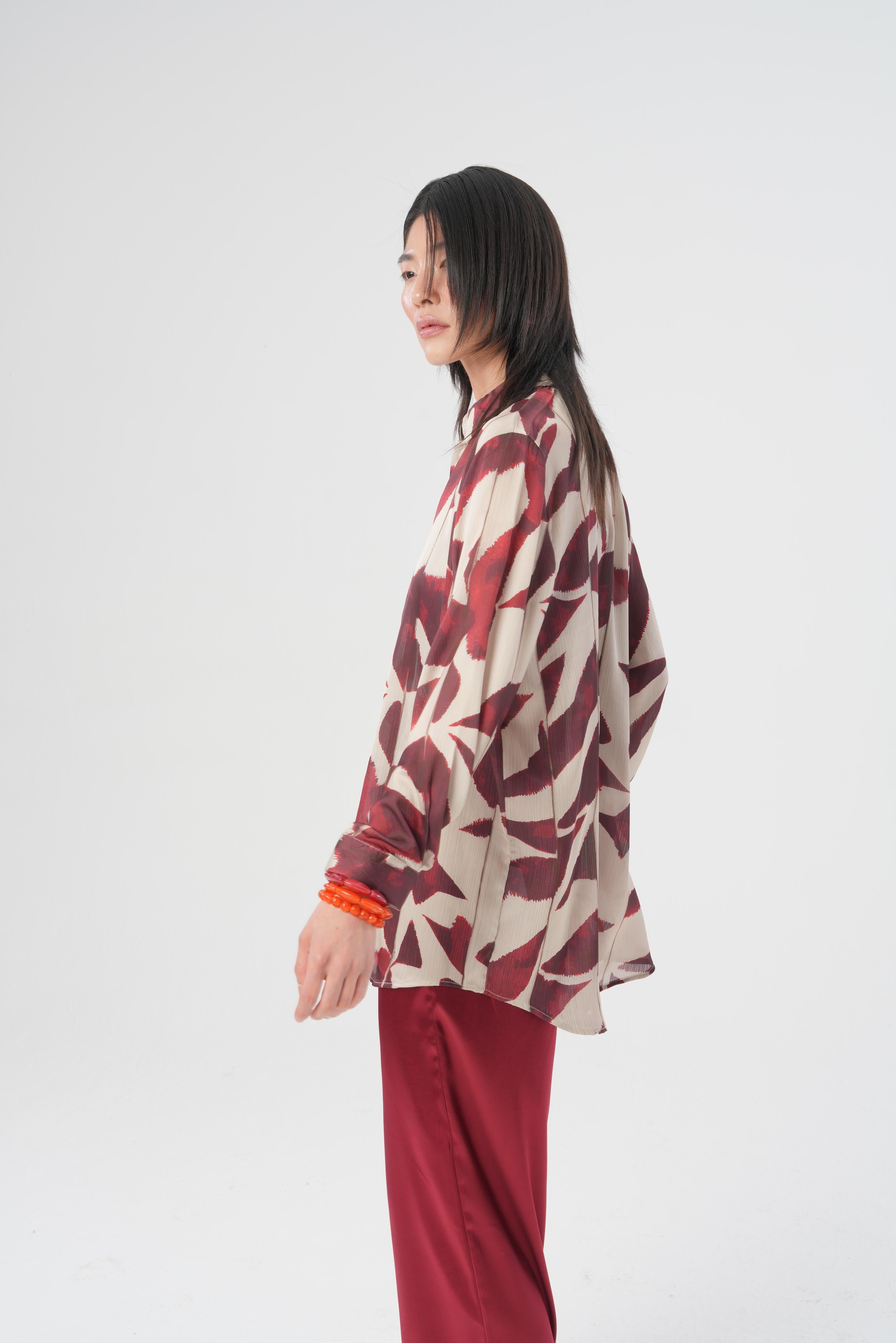 Dijital Baskılı Desenli Kadın Gömlek – Oversize | %100 Polyester | Yerli Üretim 34533 Bordo