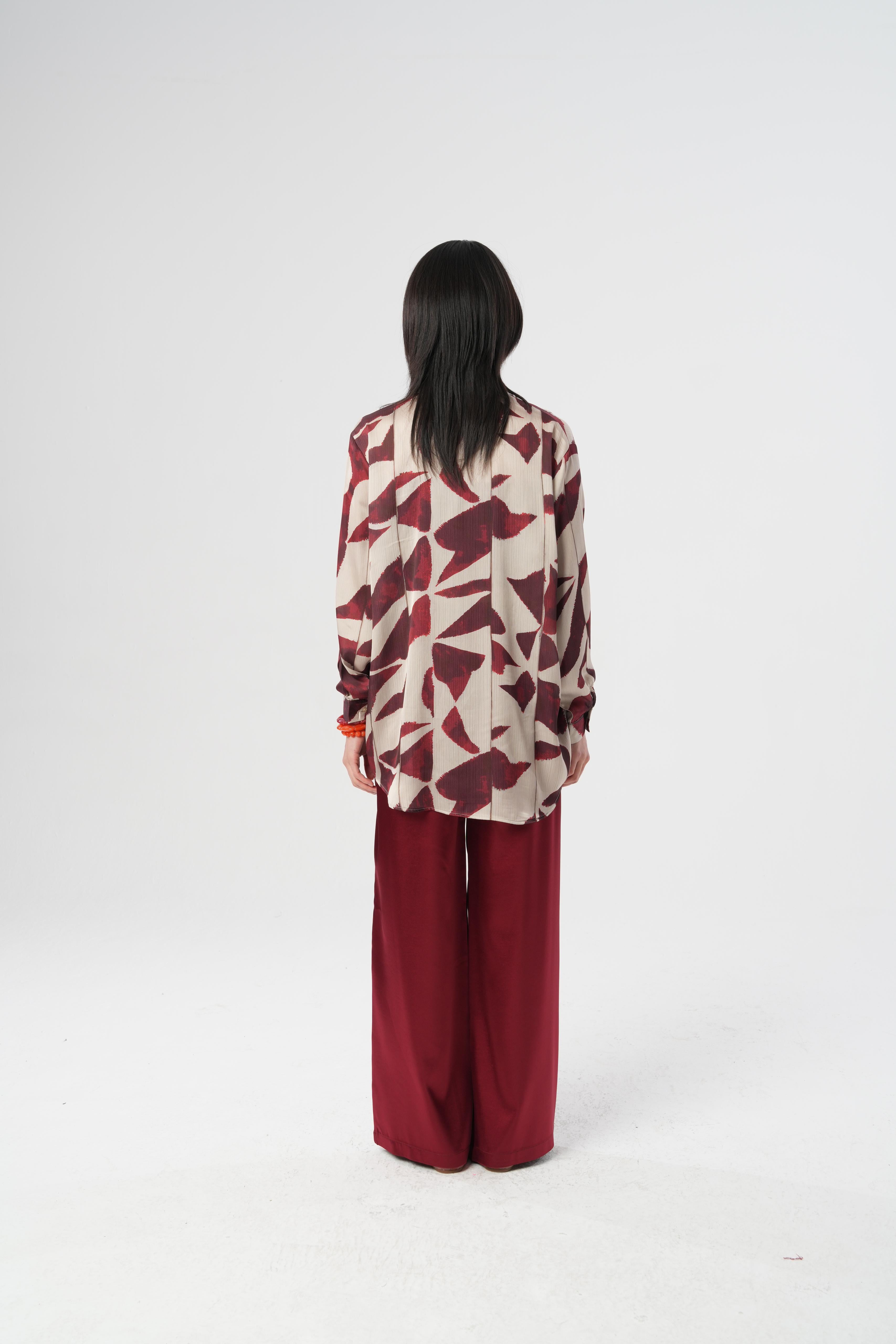 Dijital Baskılı Desenli Kadın Gömlek – Oversize | %100 Polyester | Yerli Üretim 34533 Bordo