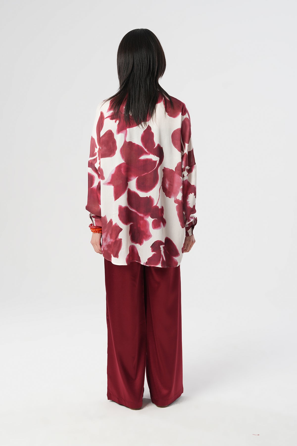 Çiçek Desenli Oversize Kadın Gömlek – %100 Polyester 34534 Bordo