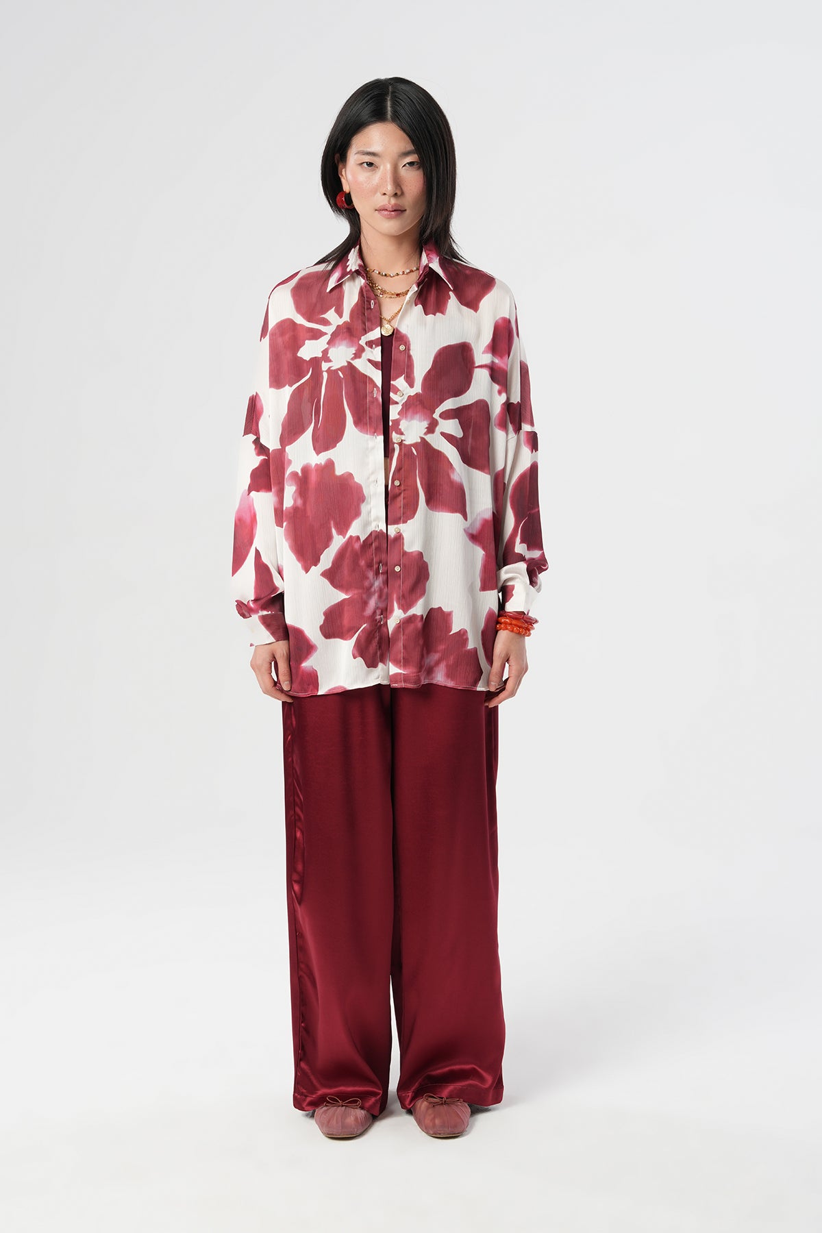 Çiçek Desenli Oversize Kadın Gömlek – %100 Polyester 34534 Bordo