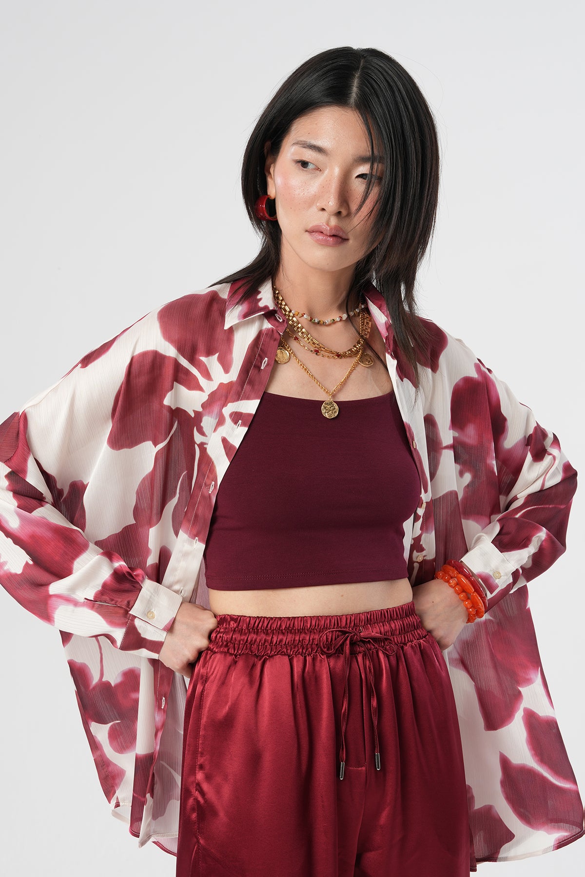 Çiçek Desenli Oversize Kadın Gömlek – %100 Polyester 34534 Bordo