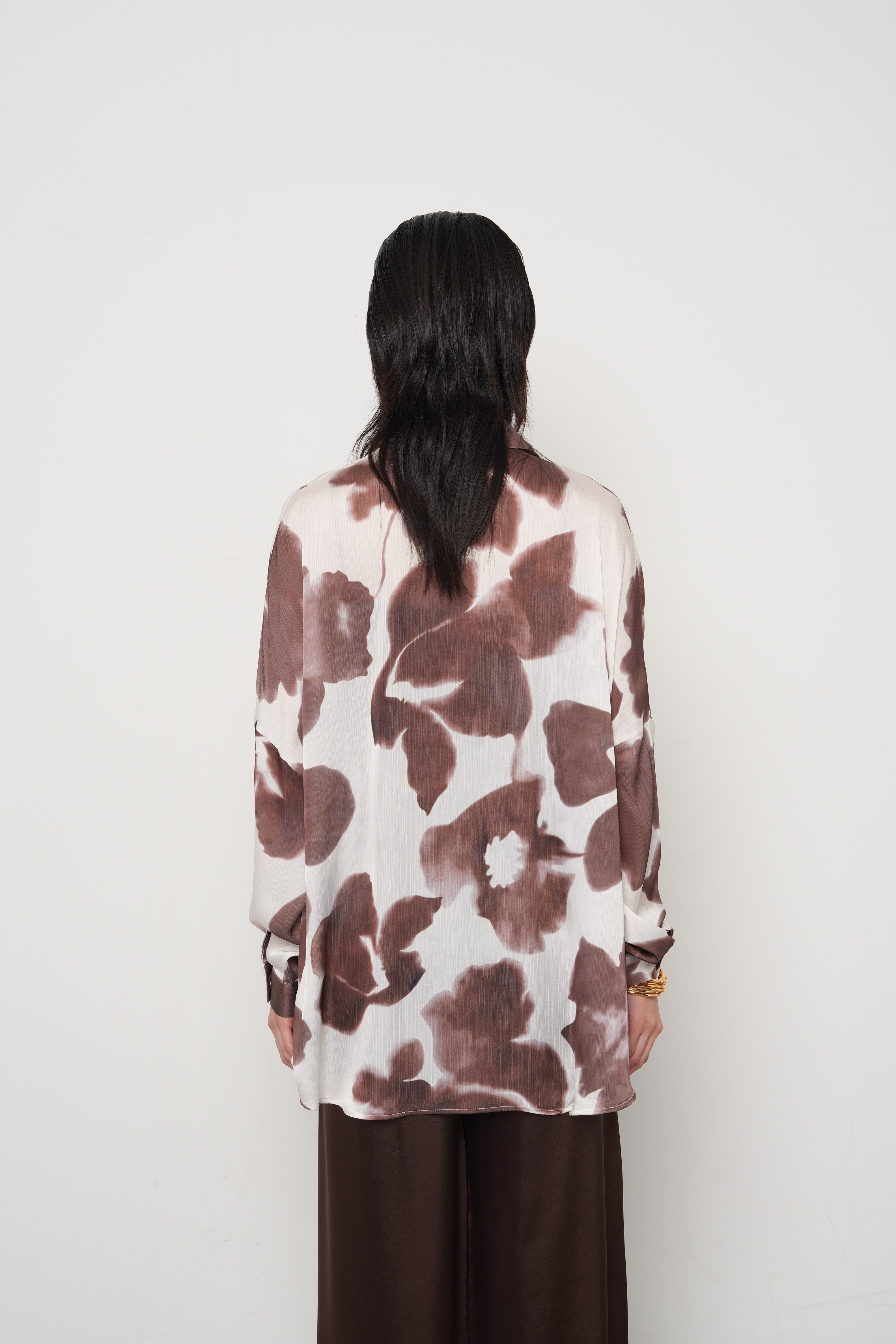 Çiçek Desenli Oversize Kadın Gömlek – %100 Polyester 34534 Kahve