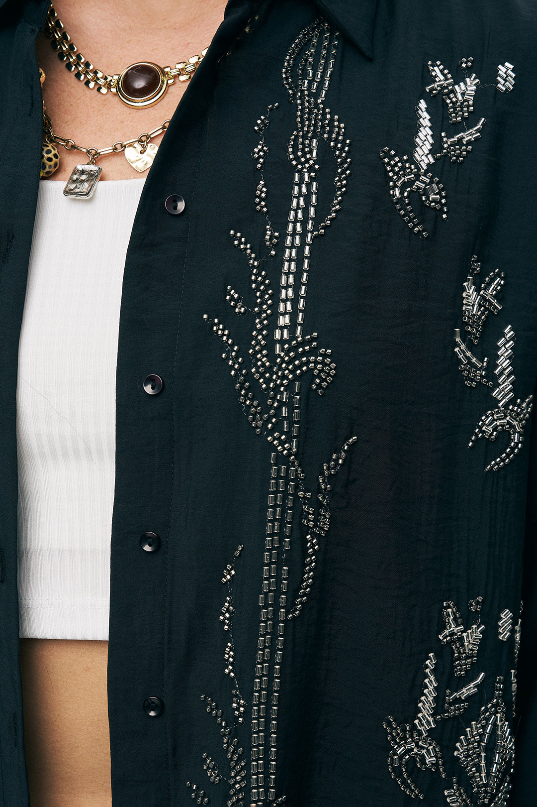 İşlemeli Siyah Oversize Gömlek