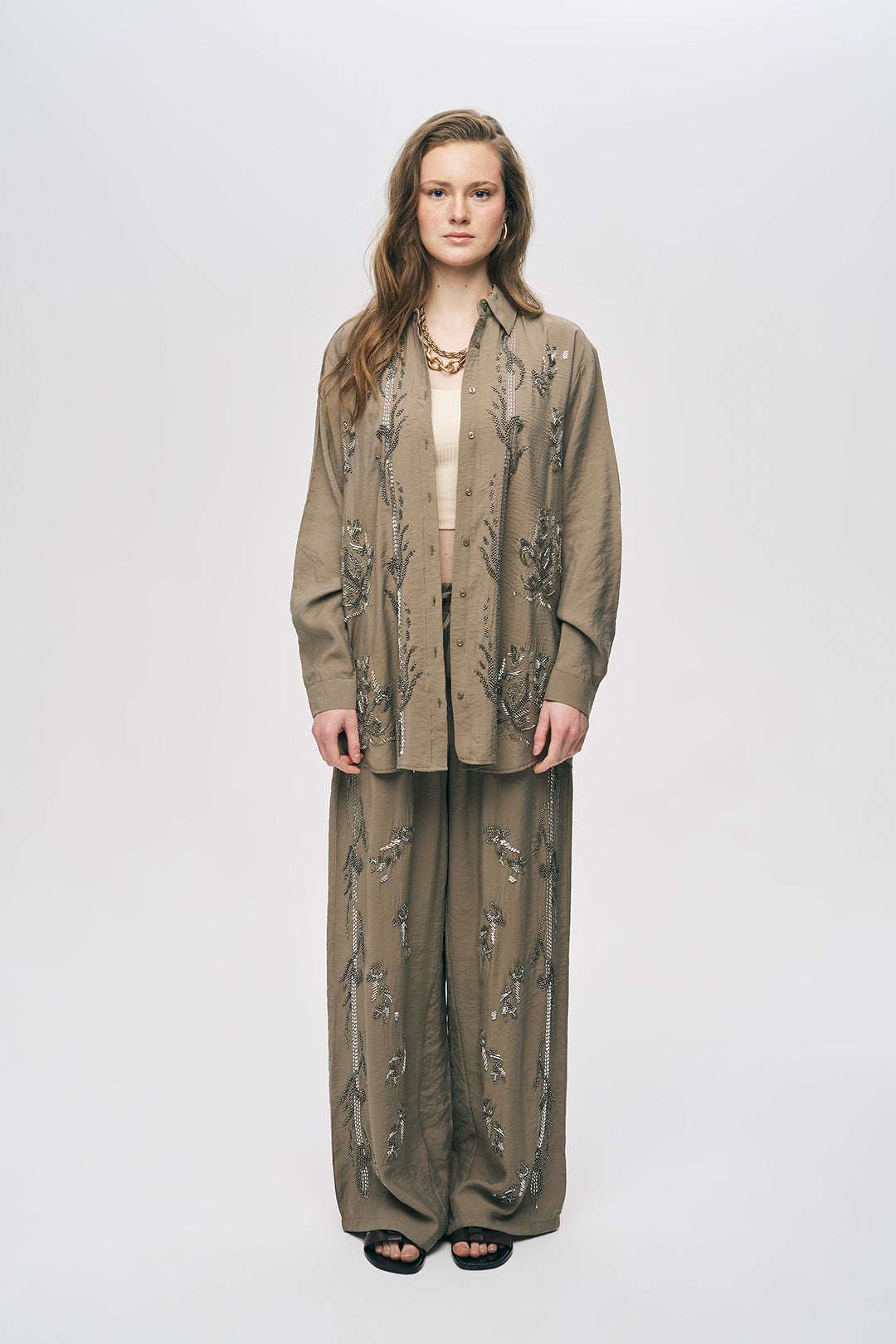 İşlemeli Vizon Oversize Gömlek