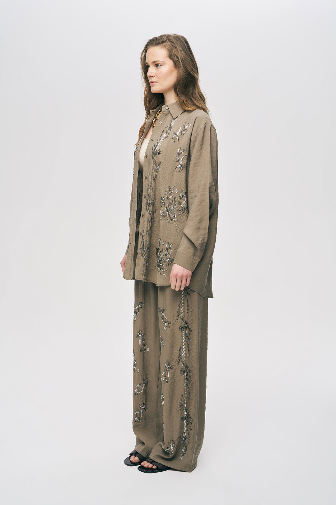 İşlemeli Vizon Oversize Gömlek