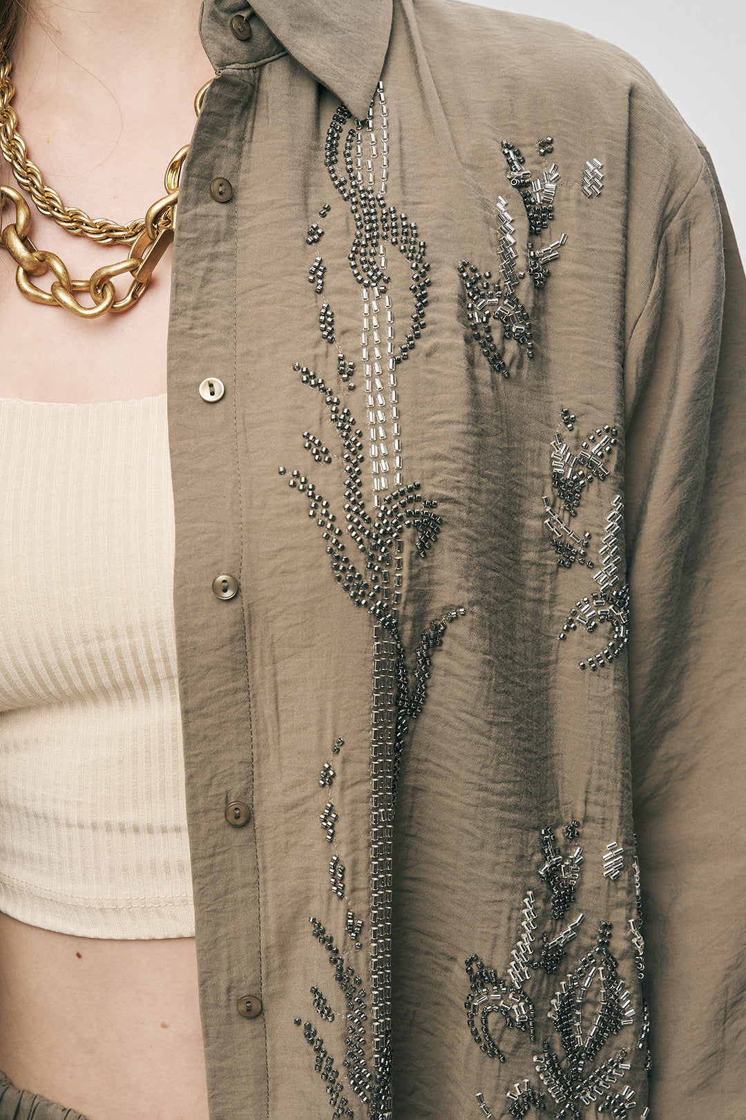 İşlemeli Vizon Oversize Gömlek