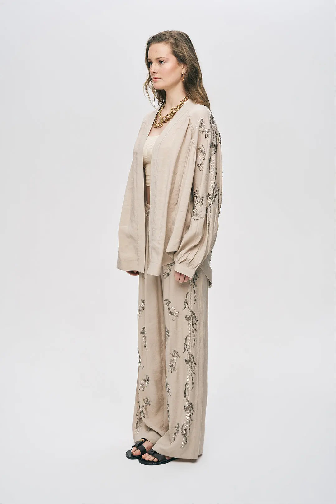 İşlemeli Bej Kimono Ceket ORFEONEGRO