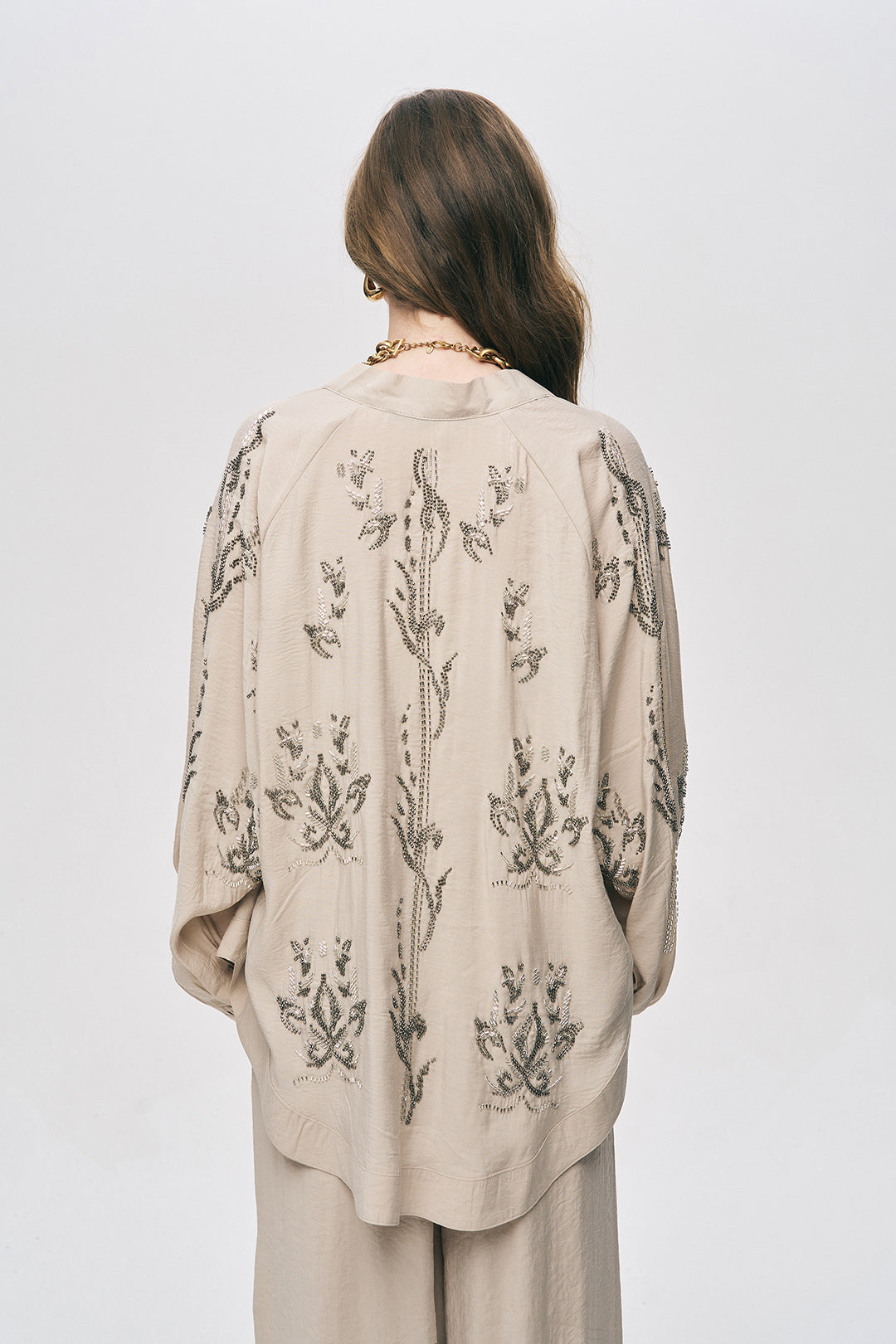 İşlemeli Bej Kimono Ceket ORFEONEGRO