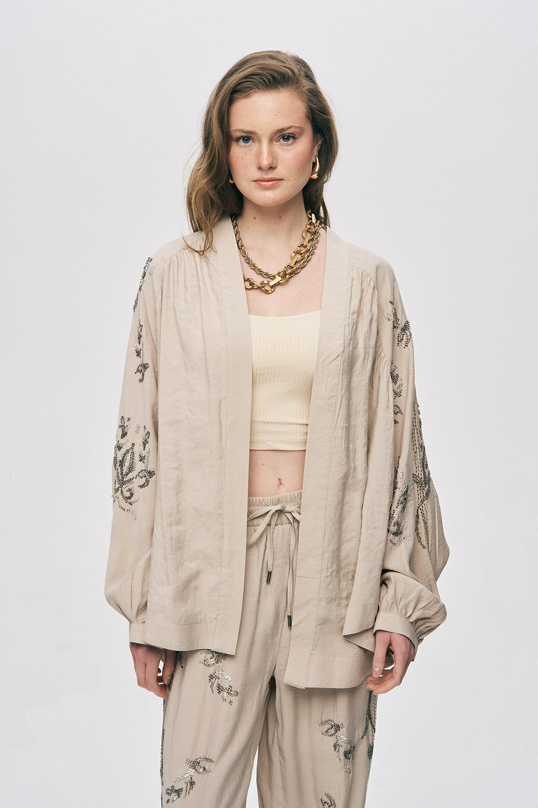 İşlemeli Bej Kimono Ceket ORFEONEGRO