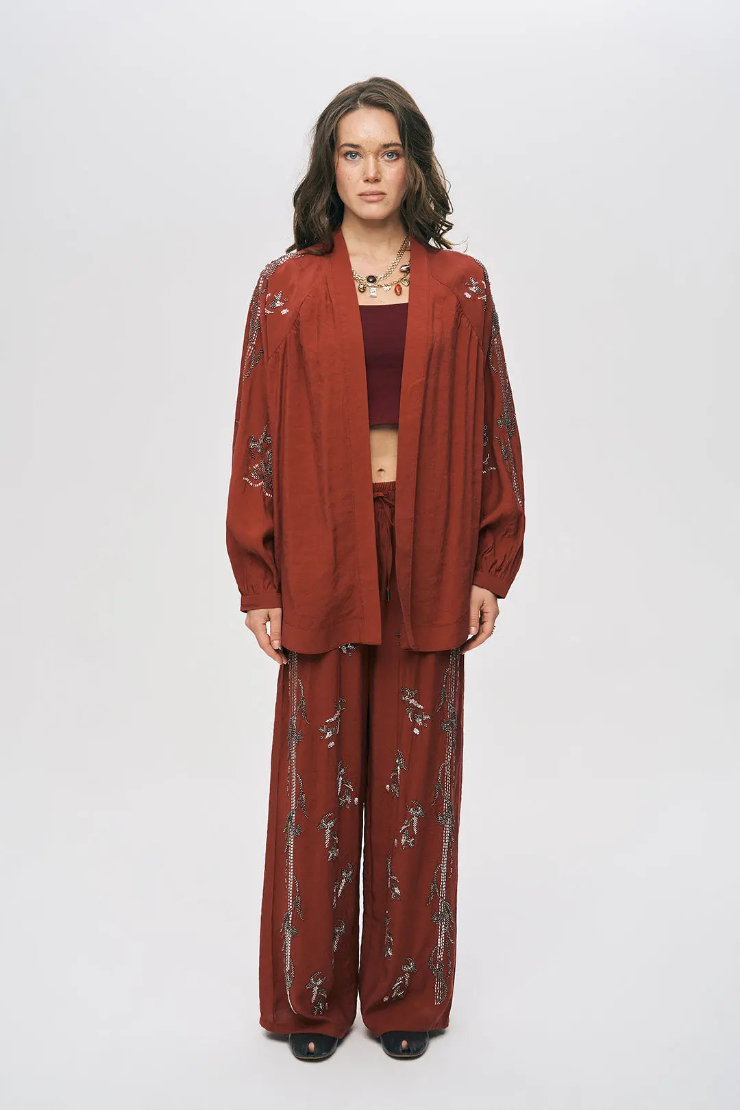 İşlemeli Bordo Kimono Ceket ORFEONEGRO