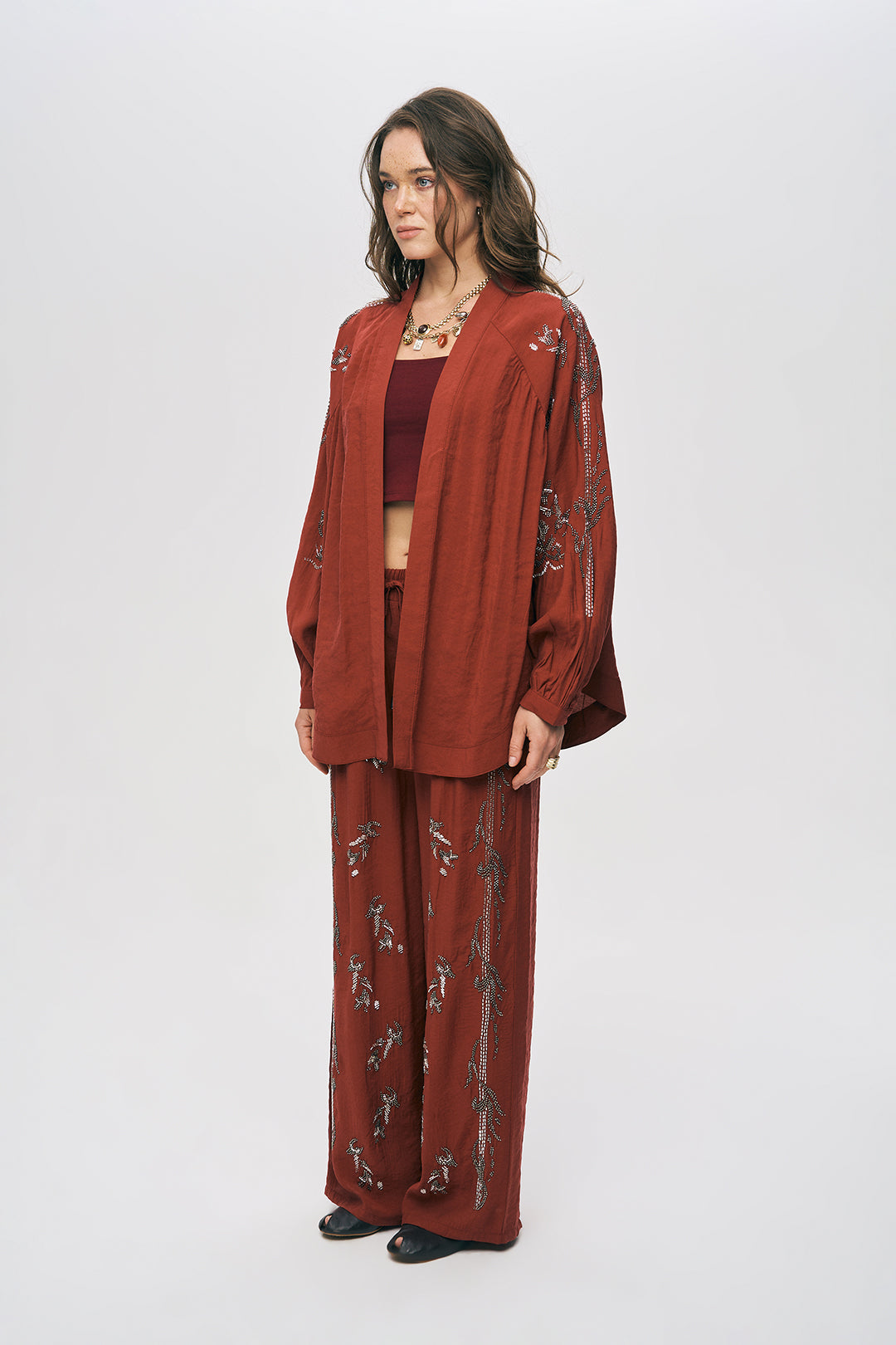 İşlemeli Bordo Kimono Ceket