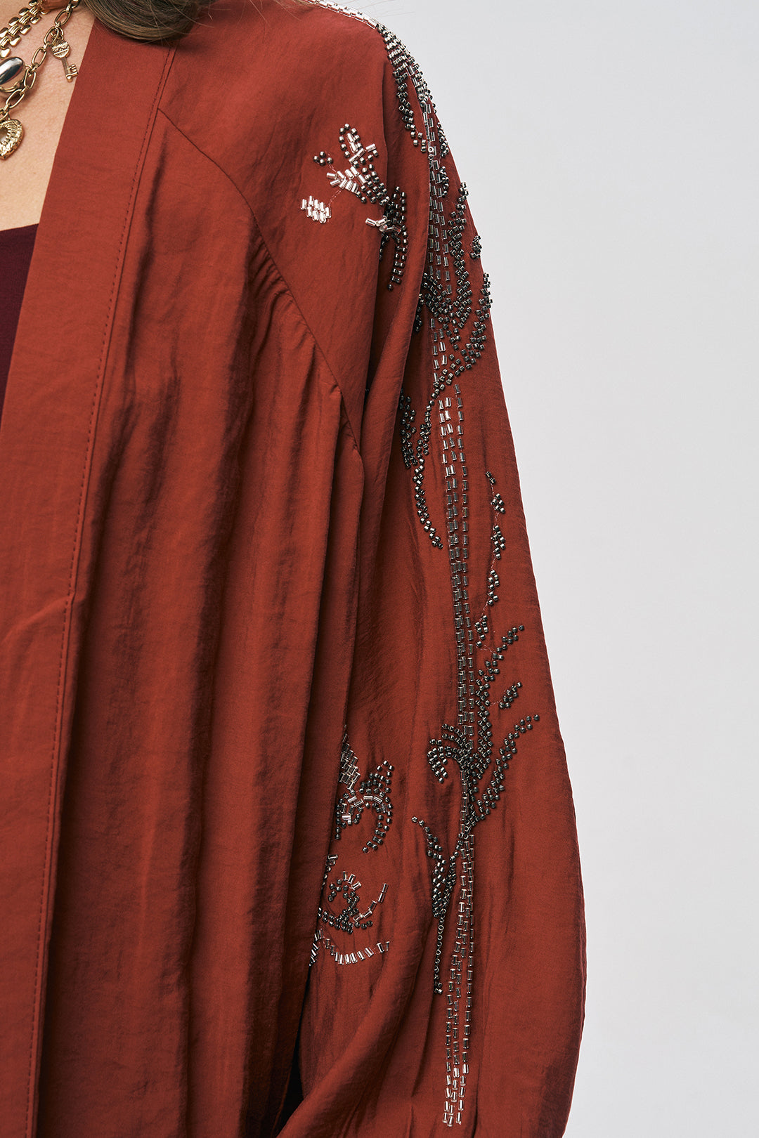 İşlemeli Bordo Kimono Ceket