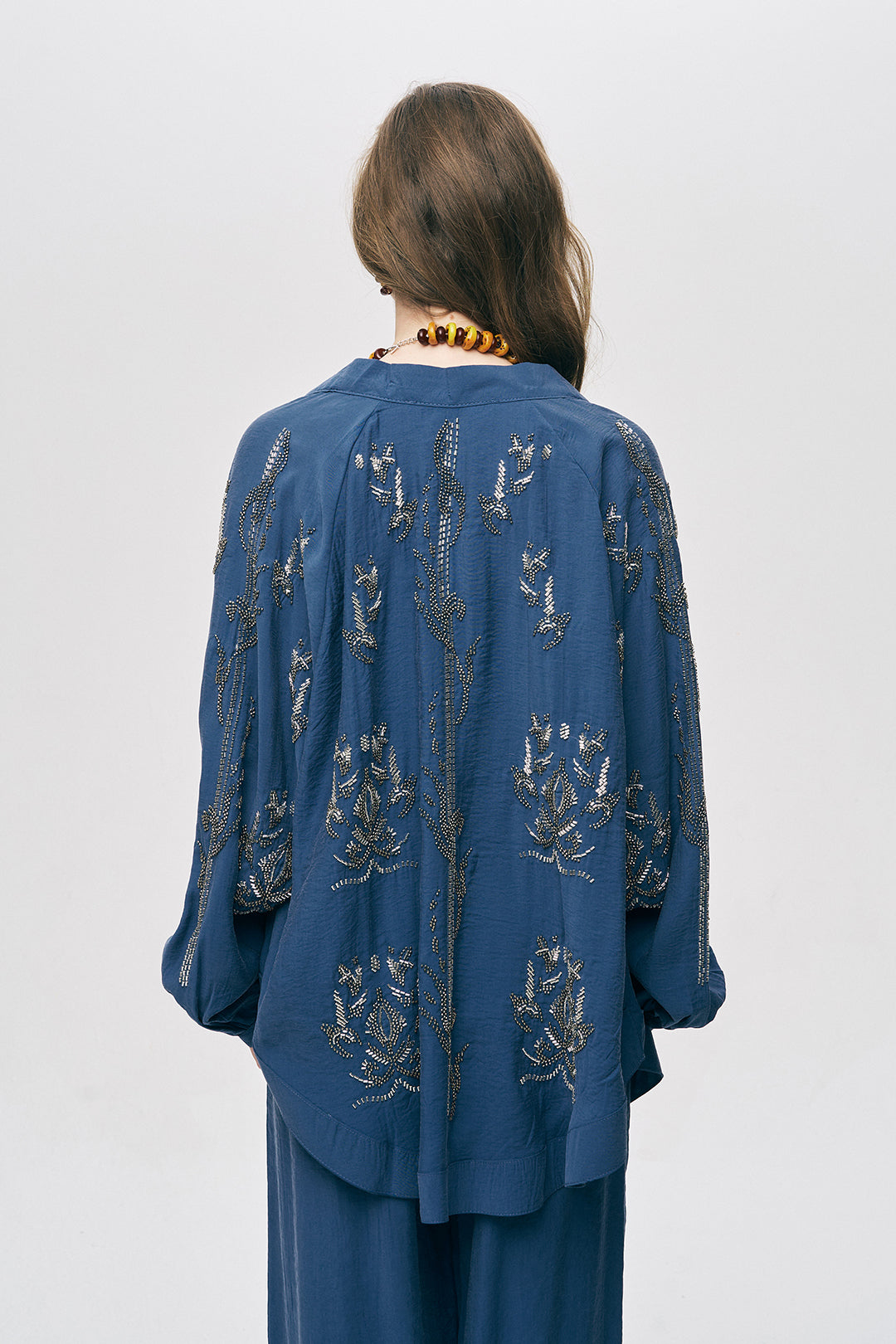 İşlemeli İndigo Kimono Ceket