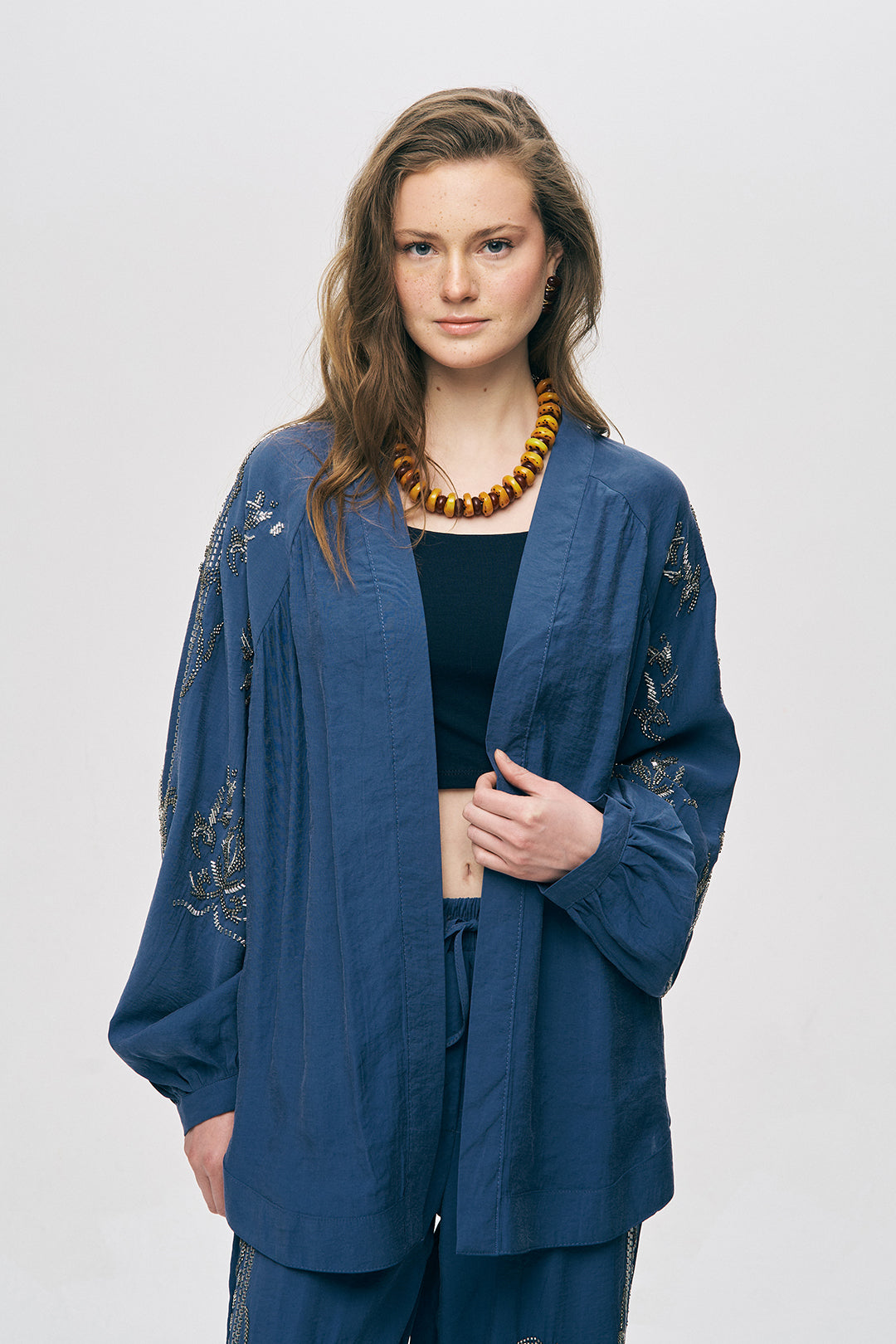 İşlemeli İndigo Kimono Ceket