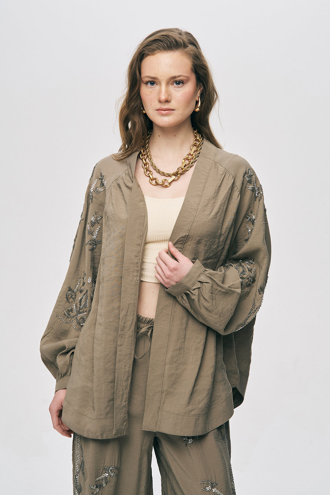 İşlemeli Vizon Kimono Ceket