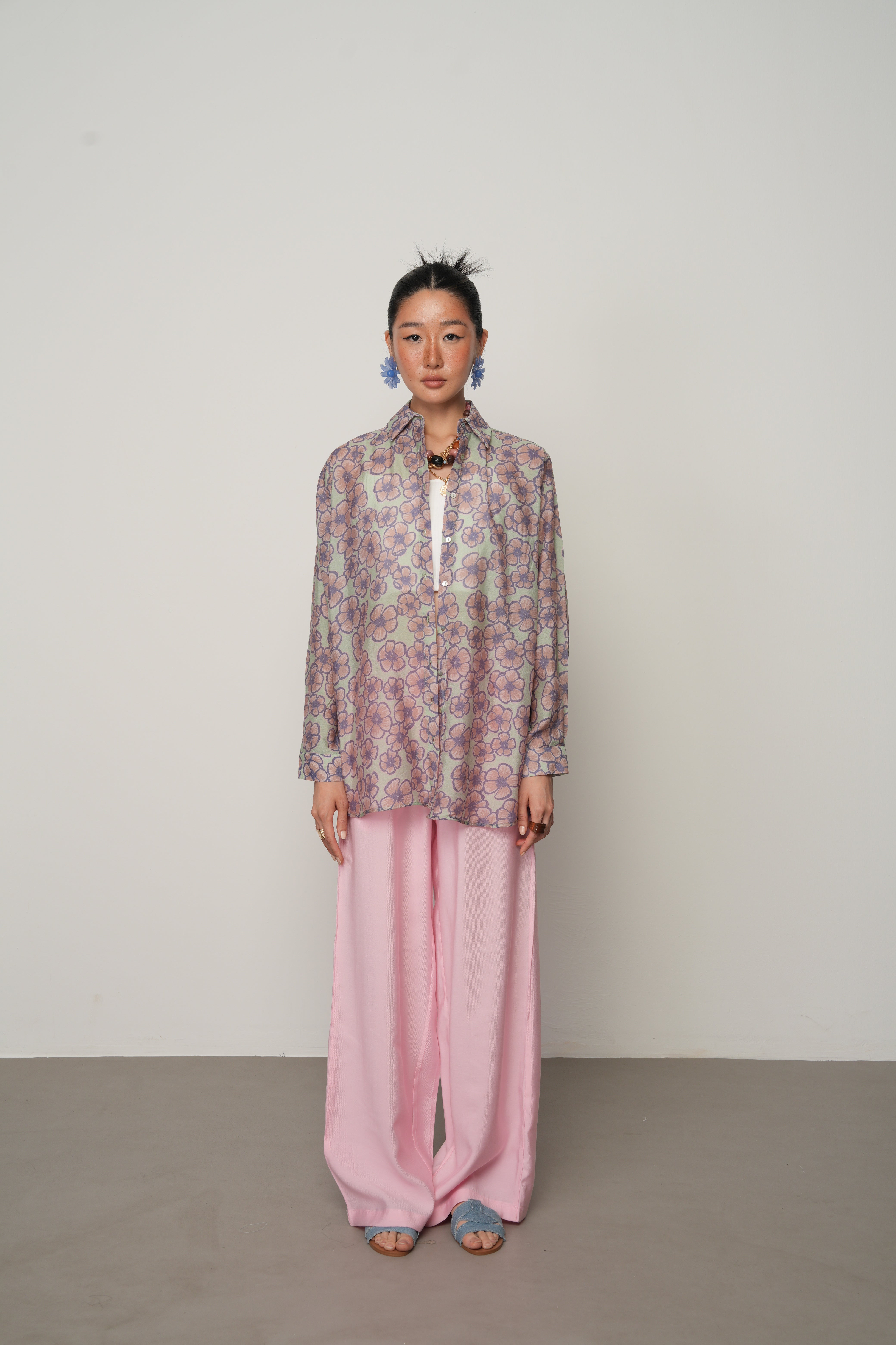 Oversize Çiçek Desenli Transparan Gömlek – Hafif ve Şık Tasarım| 34549