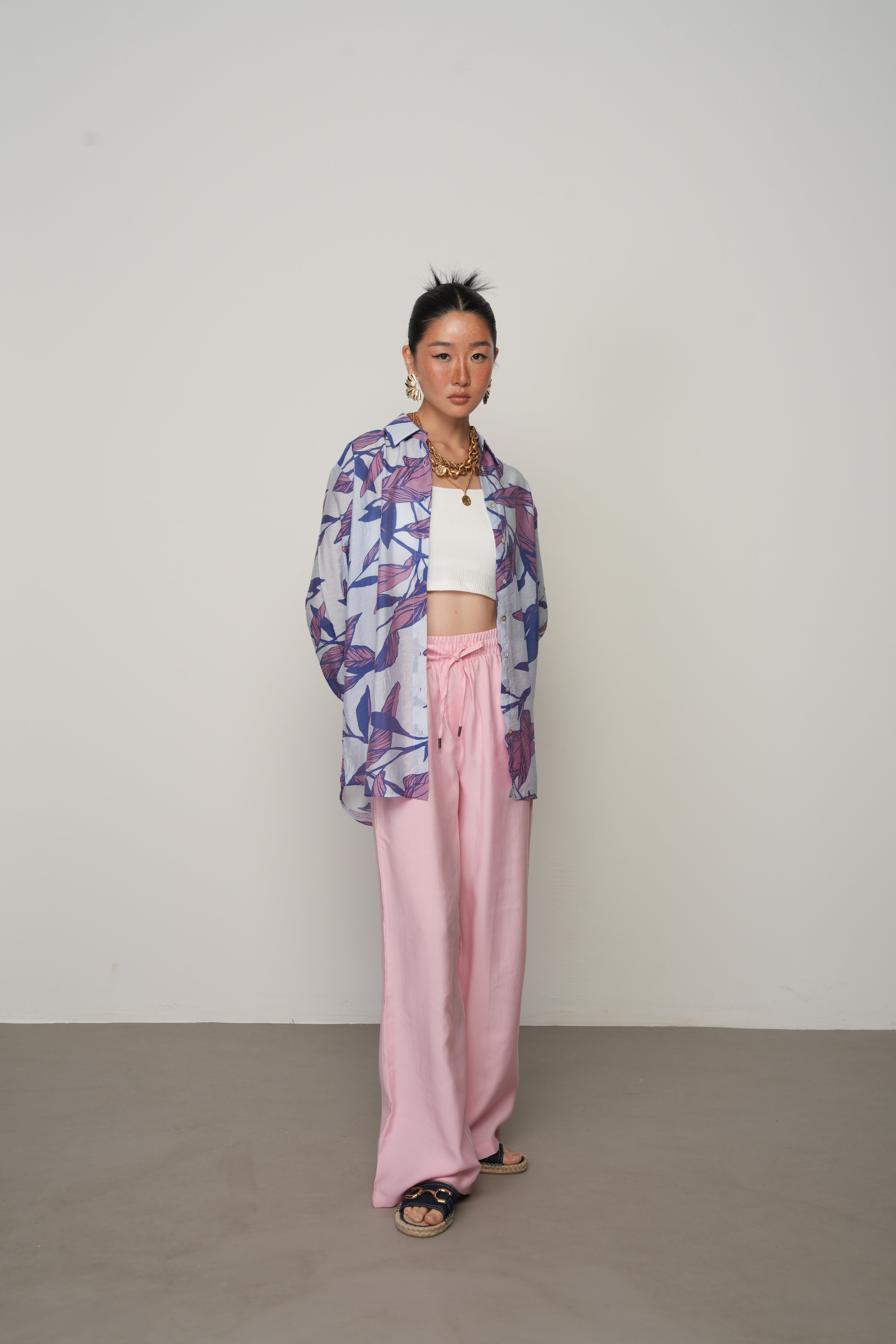 Oversize Çiçek Desenli Gömlek - Hafif İnce Gömlek | 34552